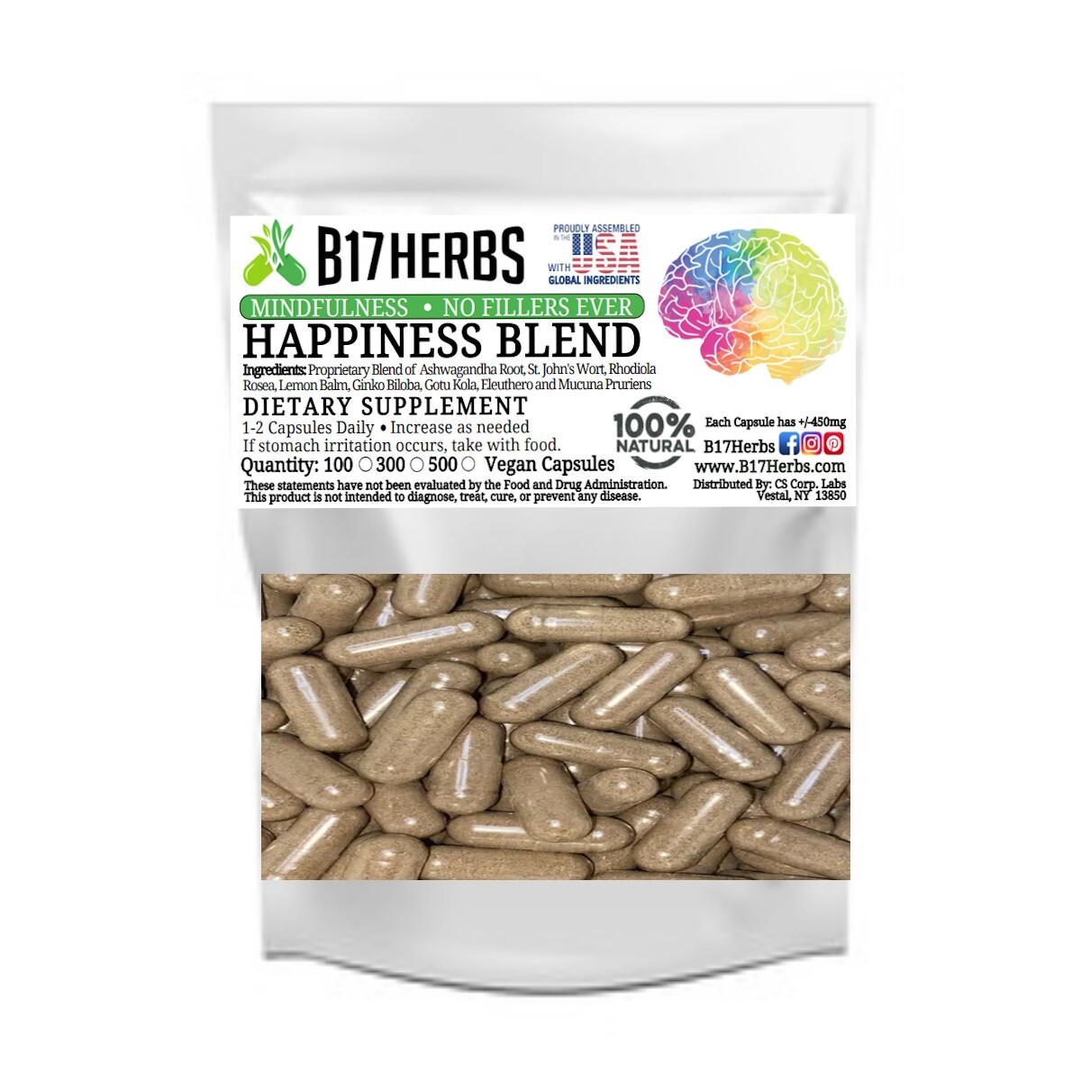 Happiness Blend – Wort, Rhodiola, Lemon, Ashwagandha, Ginko, Gotu Kola 100 Caps