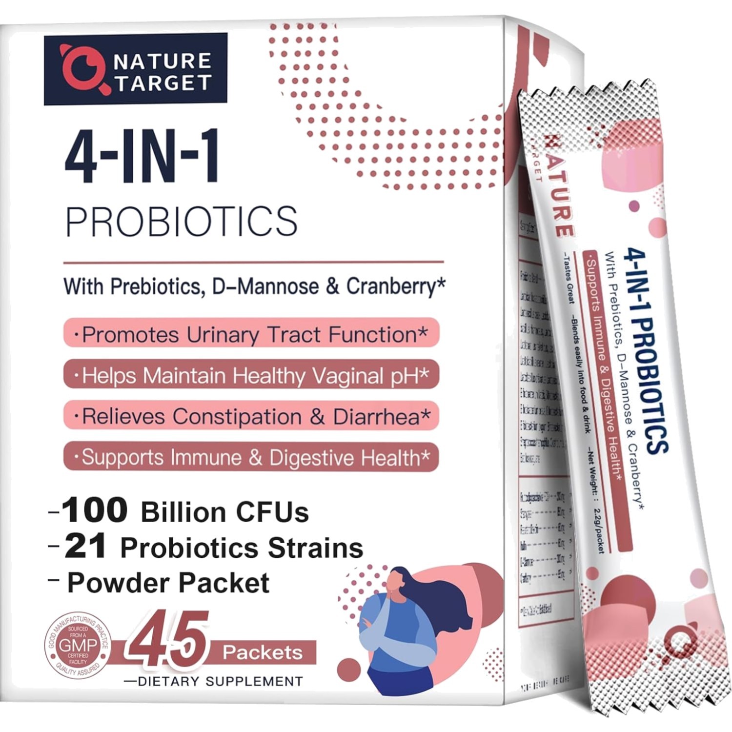 Probiotics Women Prebiotics Powder 100B CFUs Digestive UTI Cranberry
