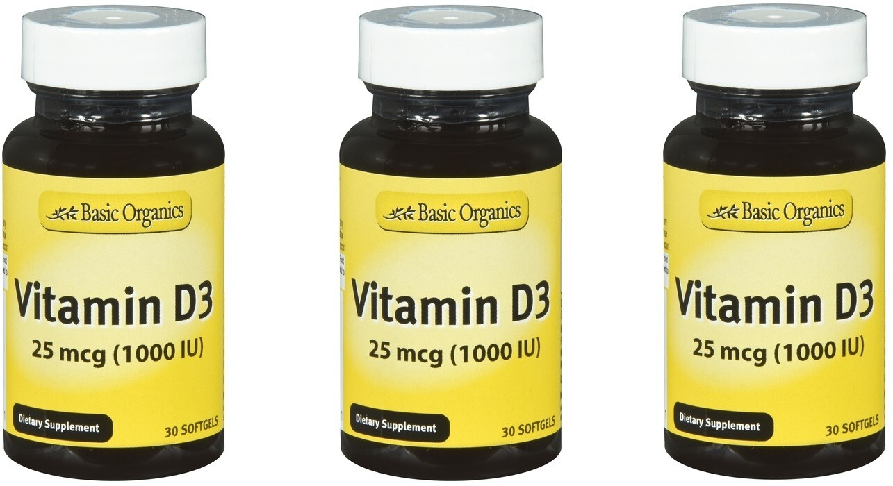 Basic Organics Vitamin D3 1000 IU Softgels, 30ct (3 Pack)