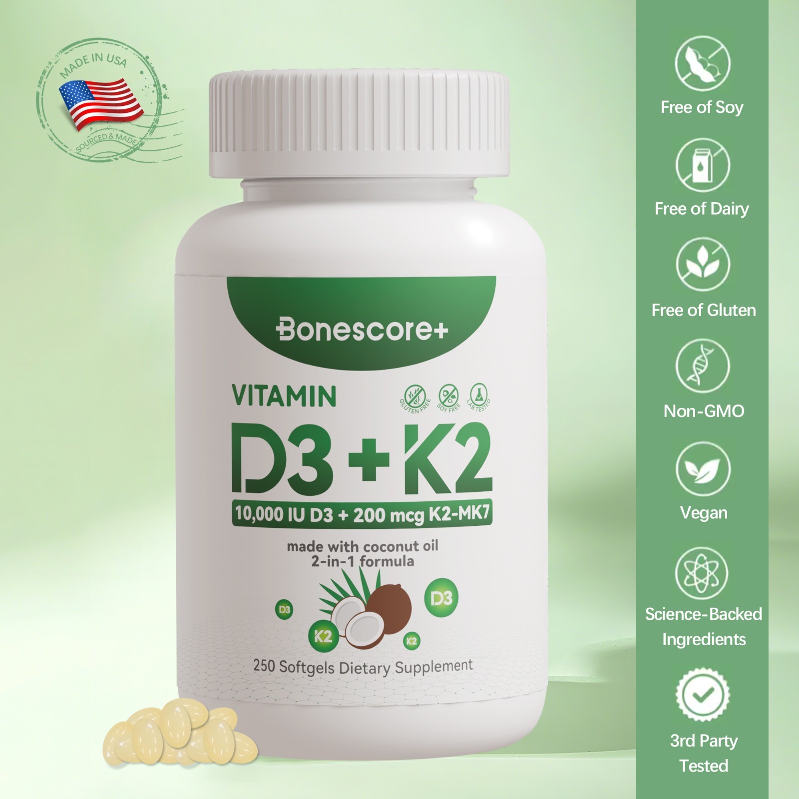 Bonescore+ VITAMIN D3+K2 250Softgels +Plant Based Coconut Oil