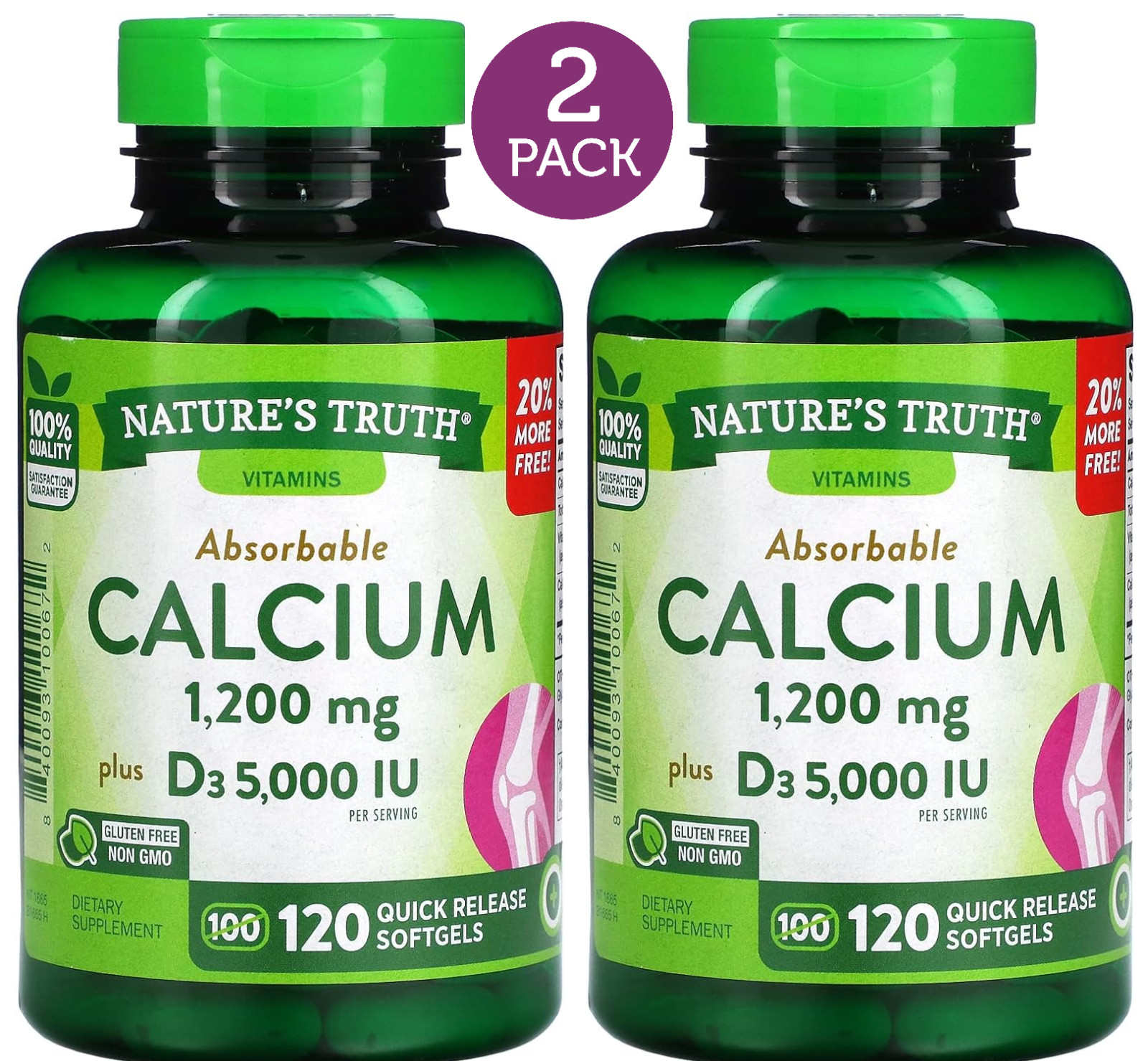 2 Pack Absorbable Calcium 1200mg with Vit D3 5000 IU 240 (2×120) Softgels NonGMO