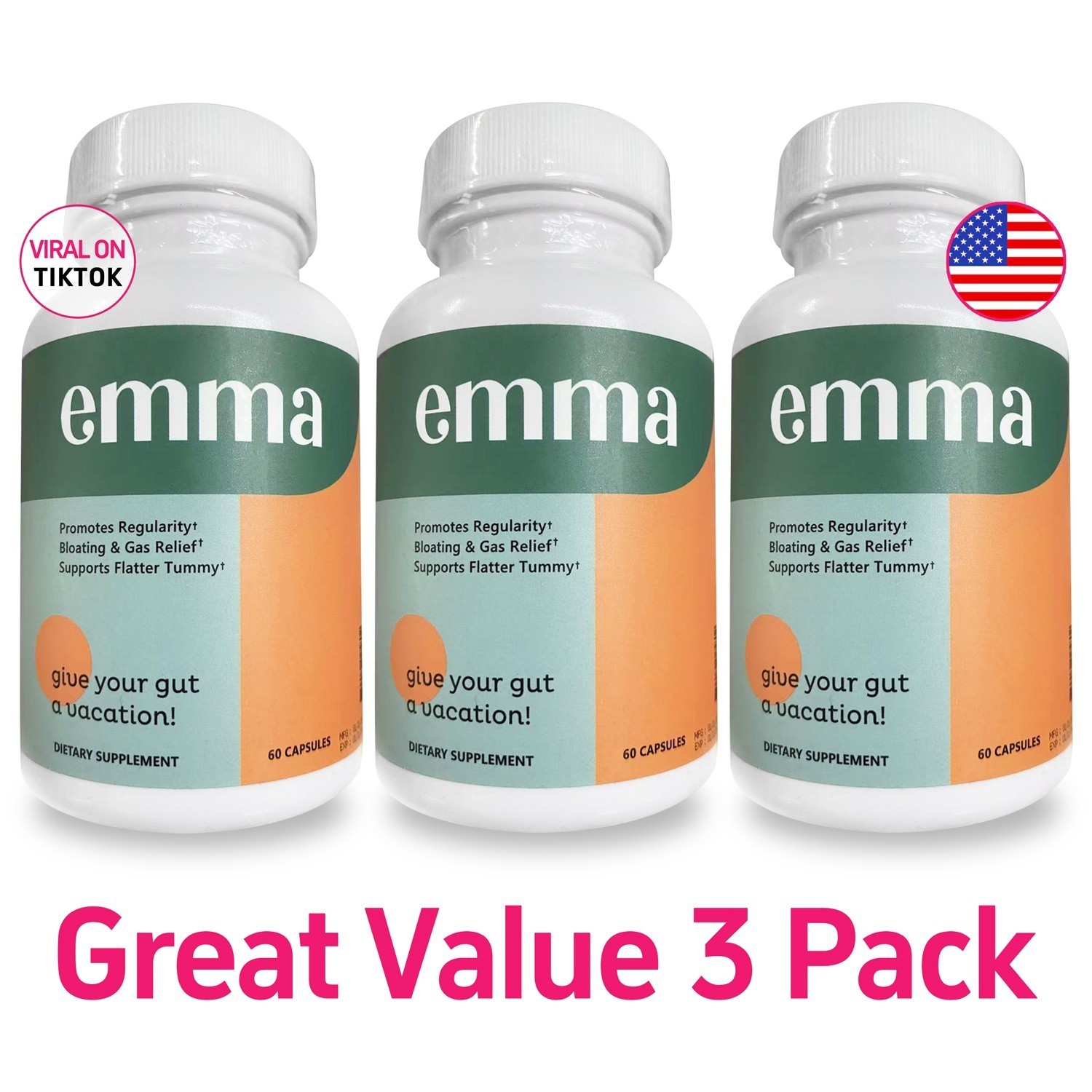 3 Pack Emma Gut Health Supplement 180 Capsules for Bloating Relief & Leaky Gut
