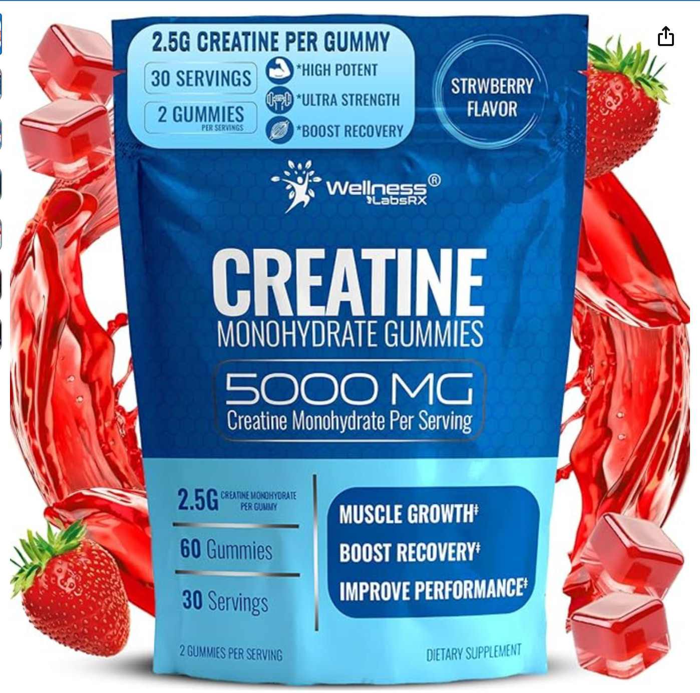 Creatine Gummies 5000mg, 30 Servings Creatine Monohydrate Gummies – Strawberry