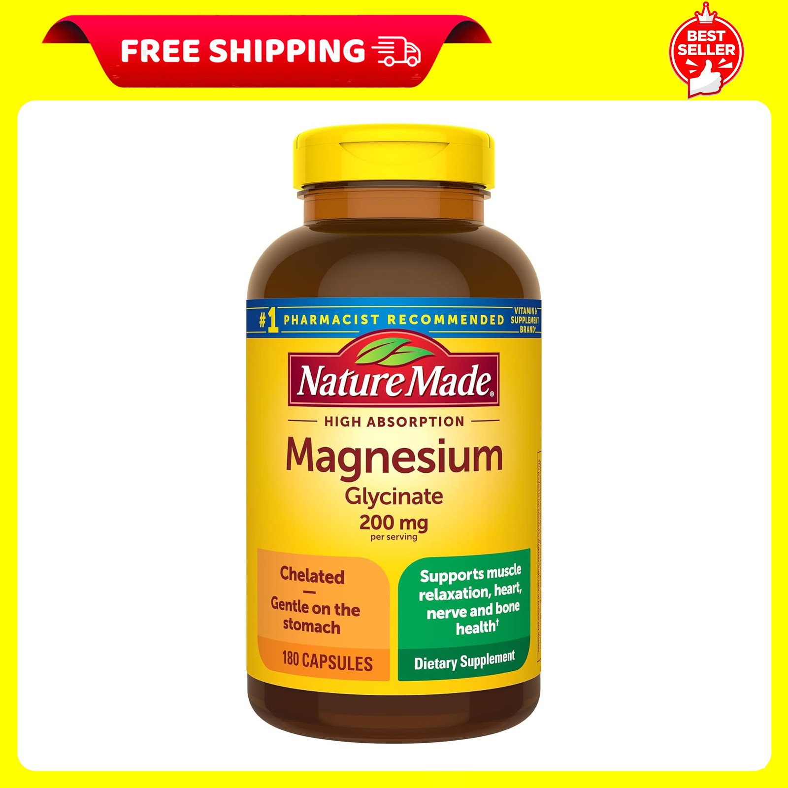 Nature Made Magnesium Glycinate 200mg Capsules 180 Count Support Heart Health