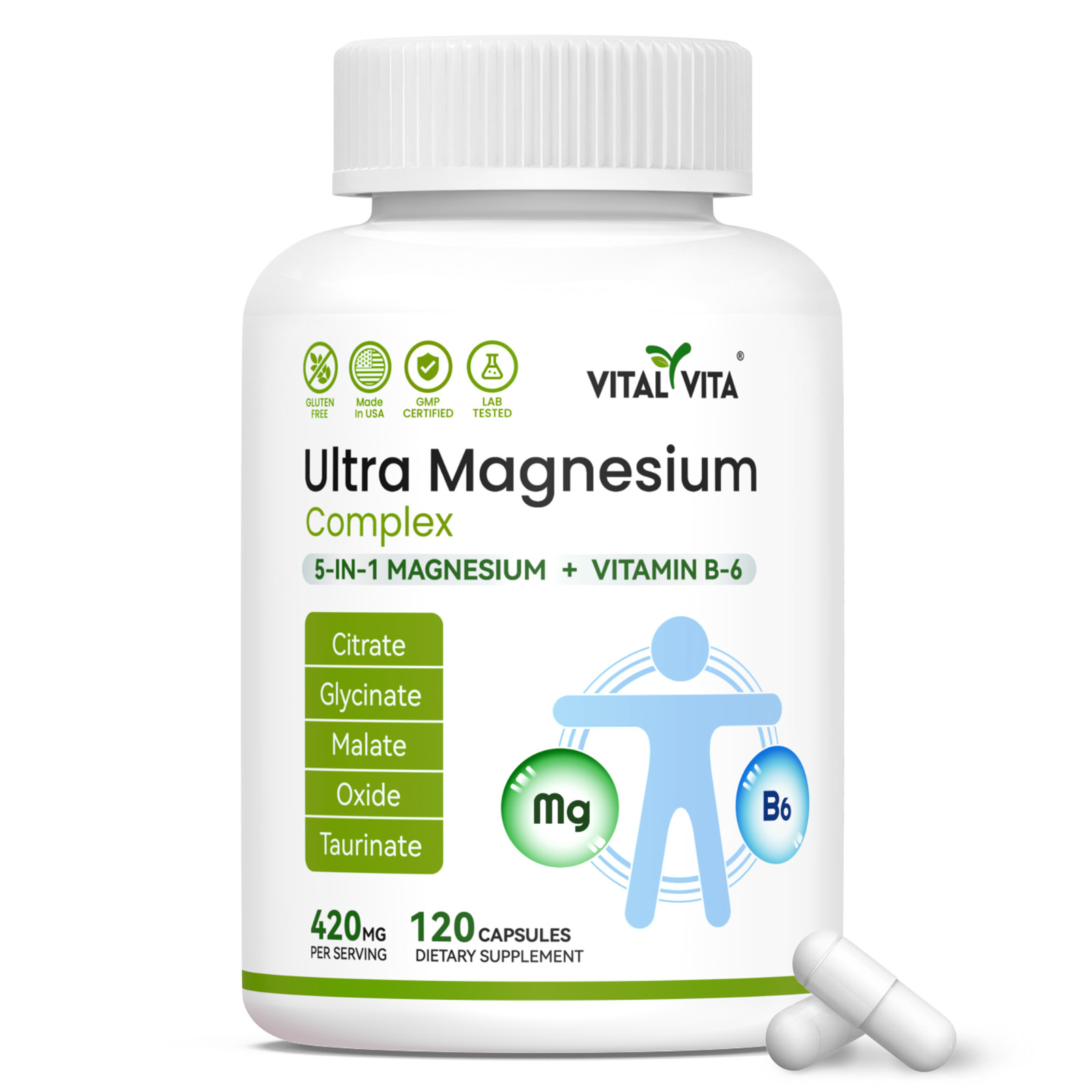 Magnesium Complex 5-in-1 + B6 Vitamin – Supplement for Sleep, Heart Health,120ct
