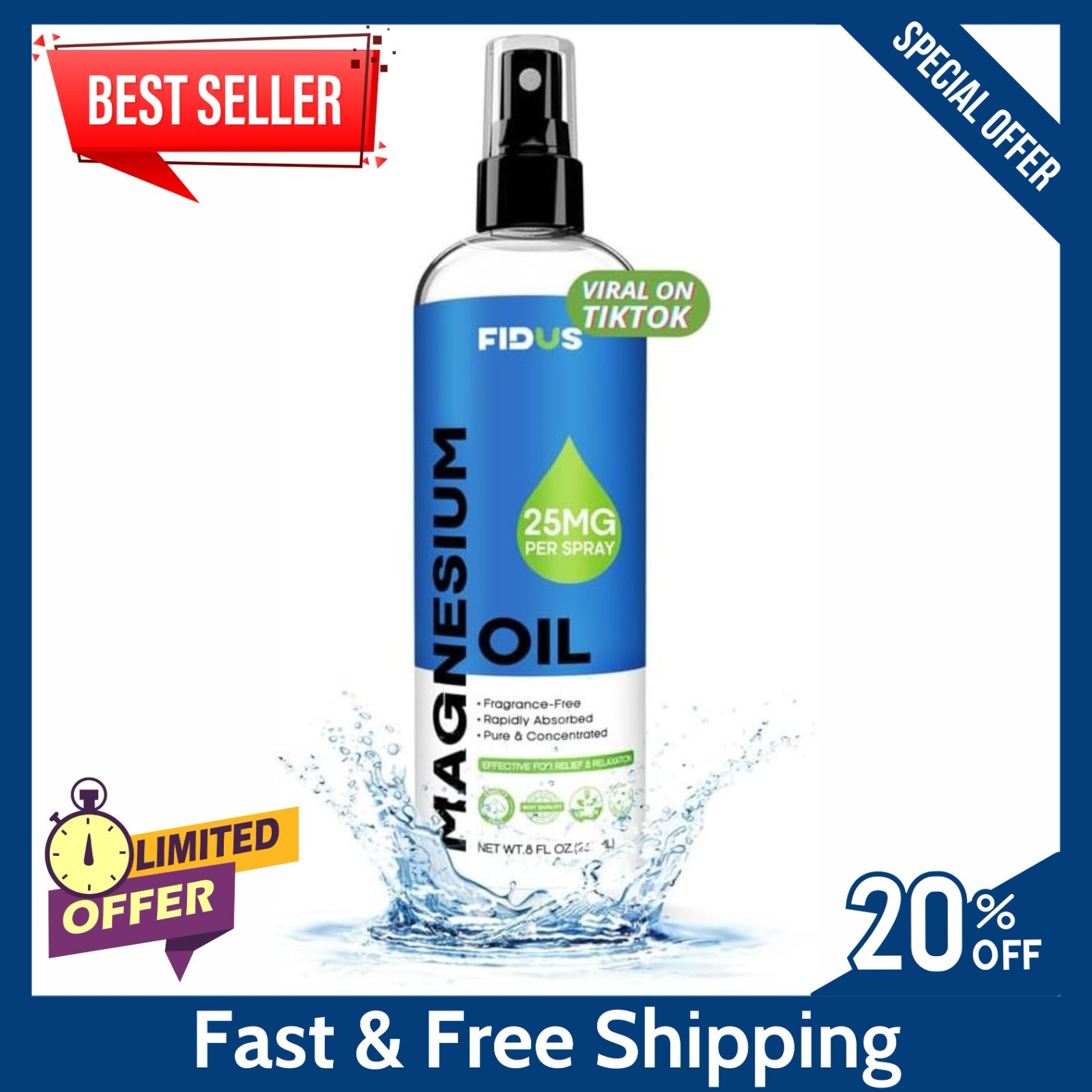100% Pure Magnesium Oil Spray 8 fl oz – Quick Absorbing Muscle & Joint Relief ..