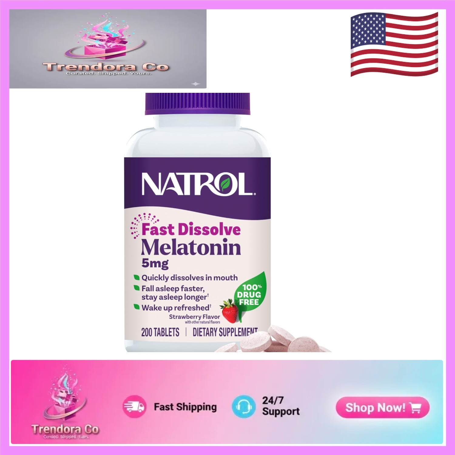 200 Count Fast-Dissolving Melatonin Tablets –  Sleep Aid, Strawberry Flavor