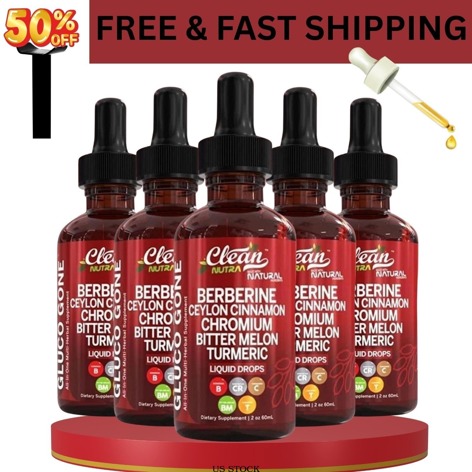 5 pack USA Clean Nutra Berberine with Ceylon Cinnamon Supplement Liquid Drops