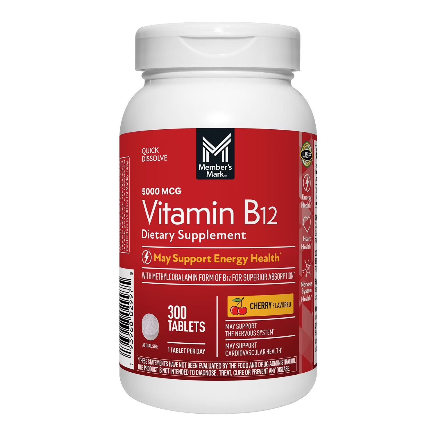 Member’s Mark Vitamin B12 Quick Dissolve Tablets, 5000 mcg, Cherry, 300 ct.