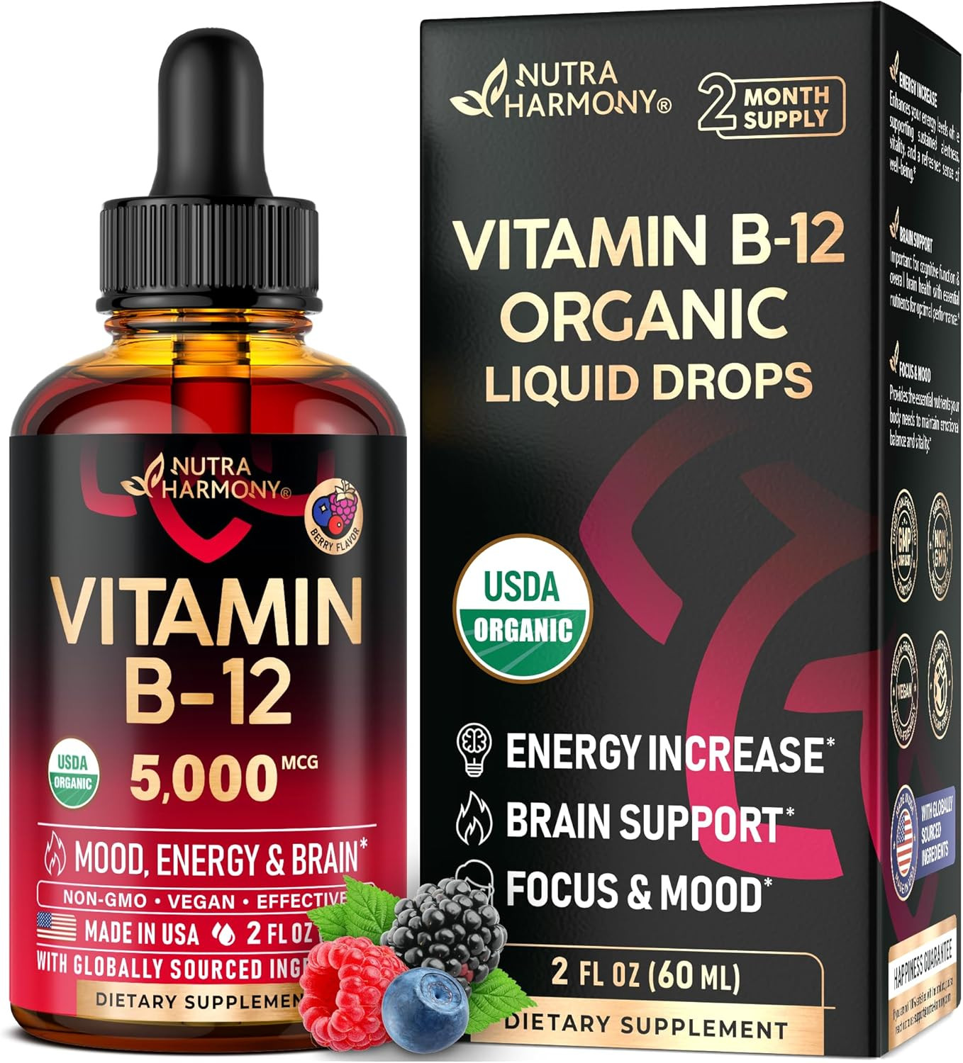 USDA Organic Vitamin B12 Sublingual Drops – 5000 Mcg Liquid Vegan Methylcobalami