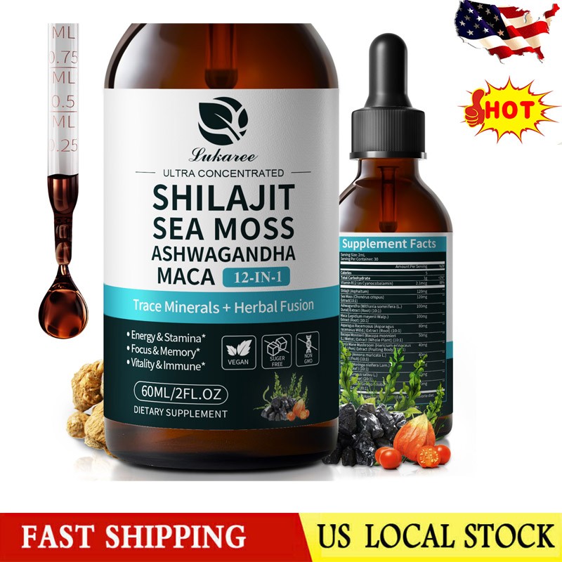 Himalayan Shilajit Drops 12-in-1 Complex Sea Moss, Ashwagandha, Maca 60ML/2 oz