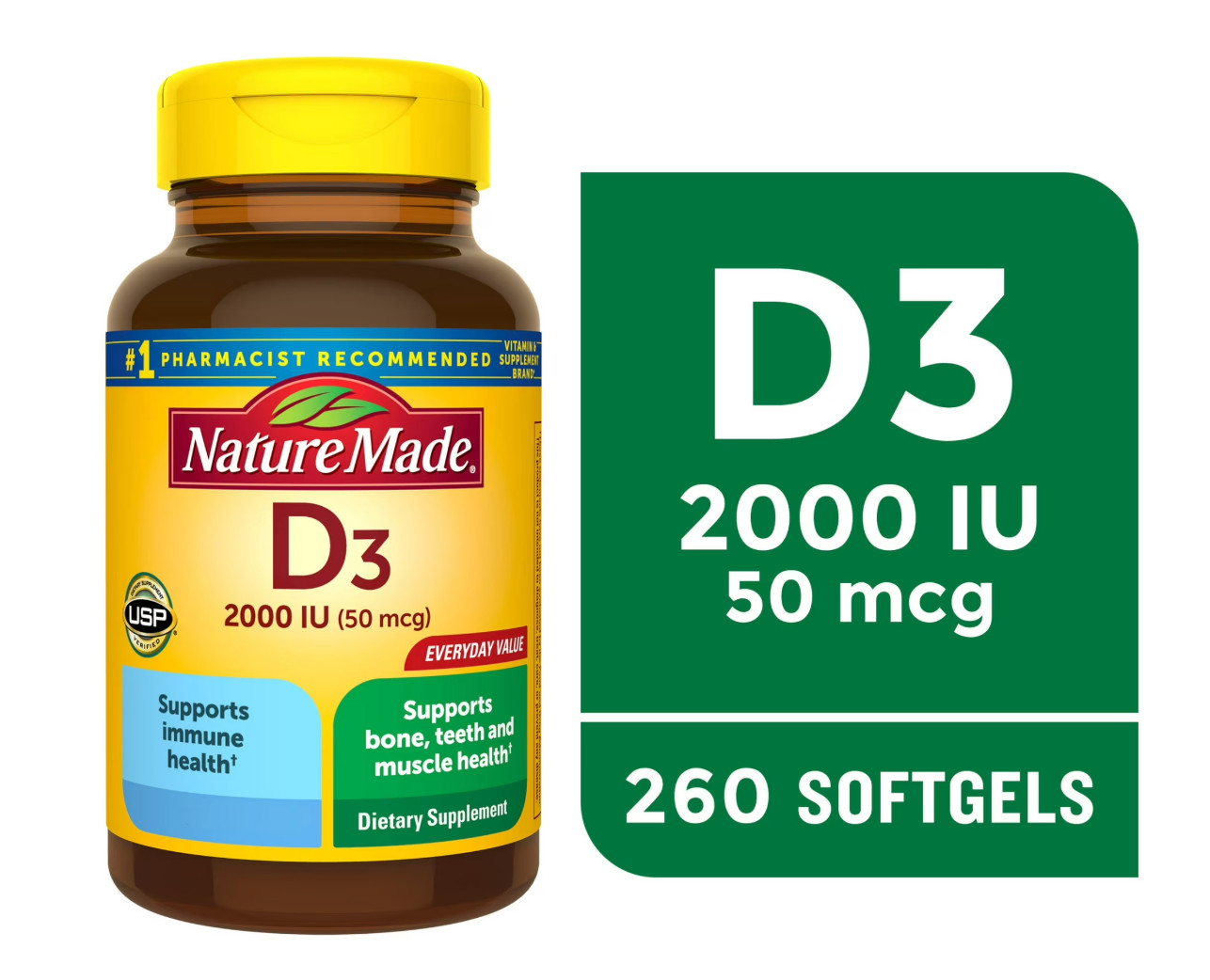 Nature Made Vitamin D3 2000 IU 260 Softgels Bone Muscle Immune Support