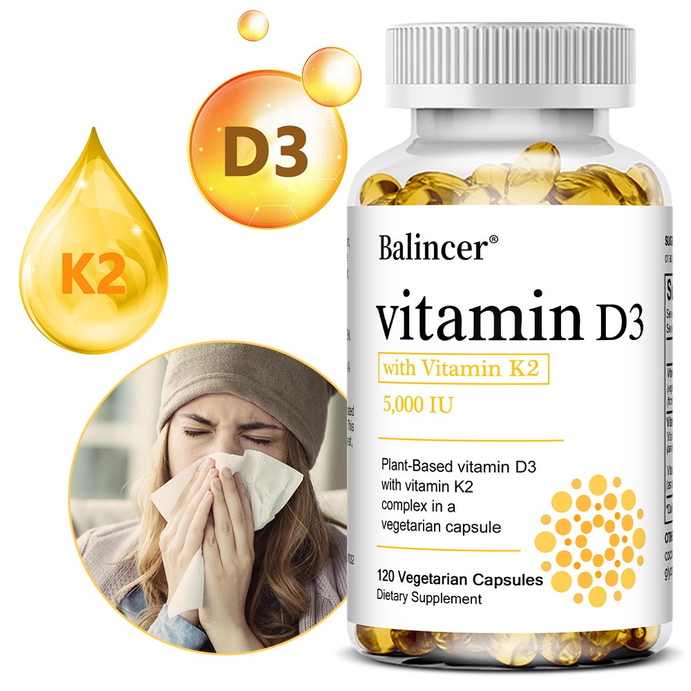 Natural Vitamin K2 (100mcg) + Vitamin D3 (5000 IU) 120 Capsules Strong Bones