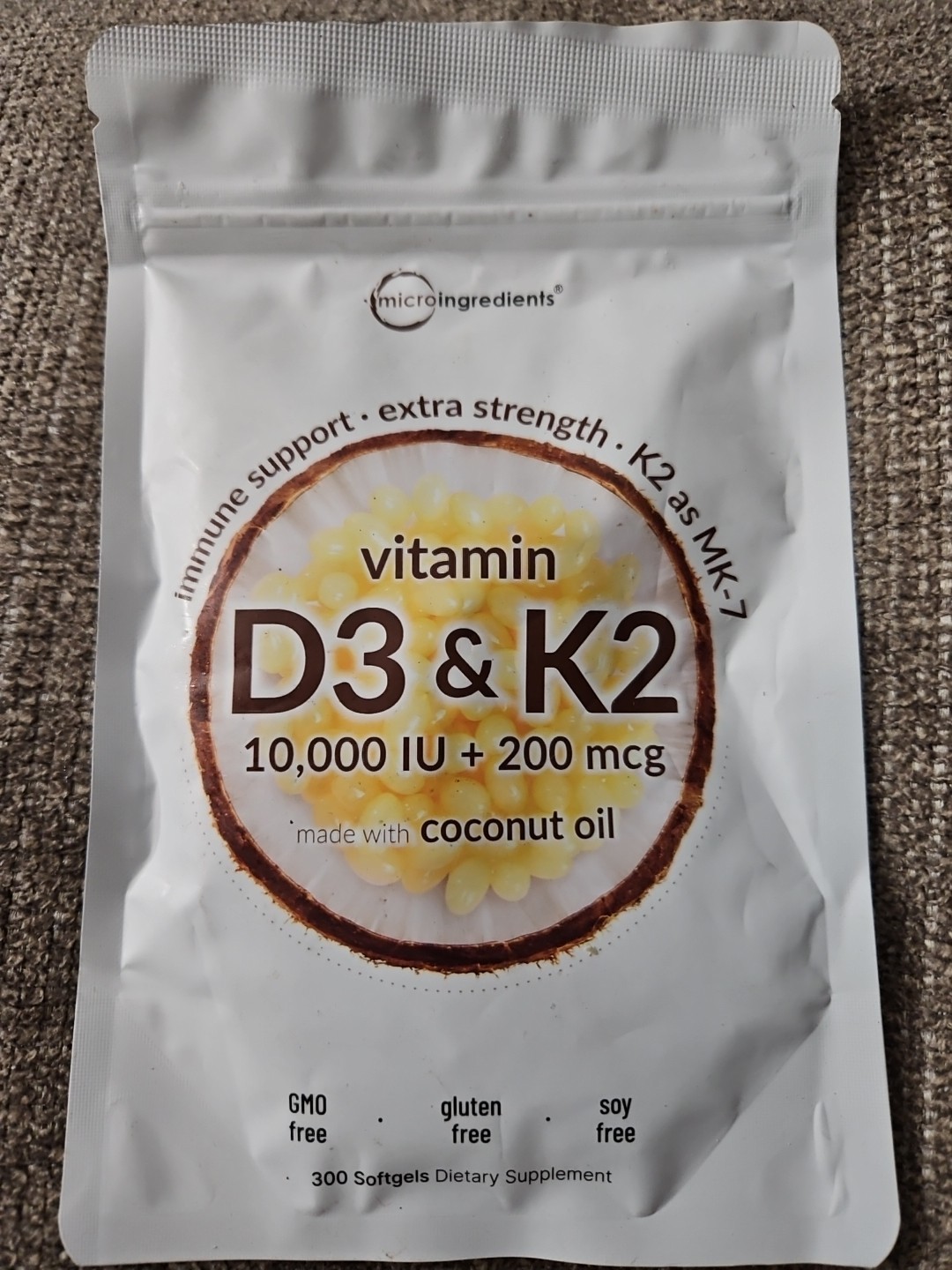 Micro Ingredients Vitamin D3 10,000 IU + K2 MK-7 200 mcg, 300 Softgels