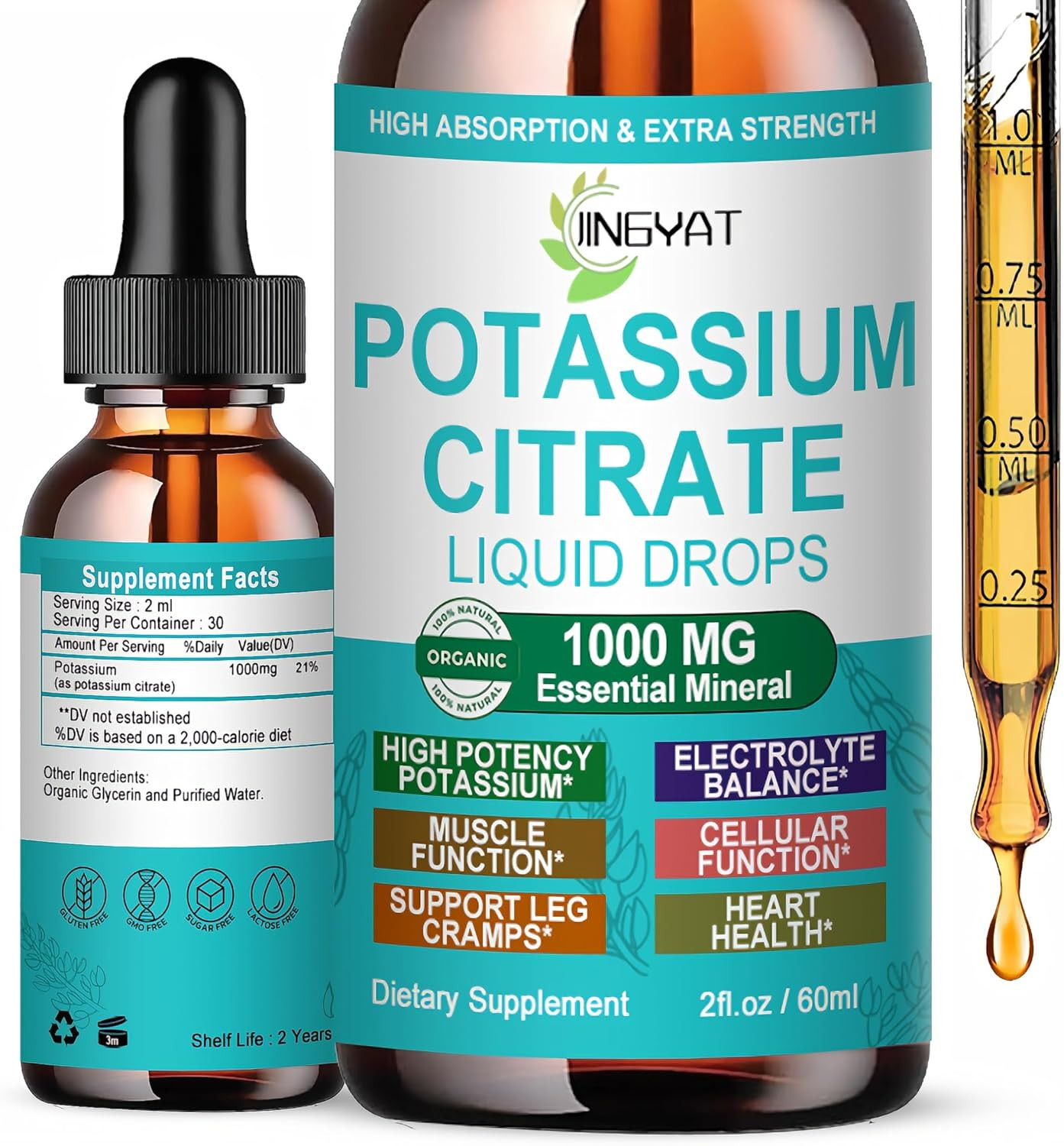 Potassium Supplement Liquid Drops, High Absorption Potassium Citrate 1000Mg for