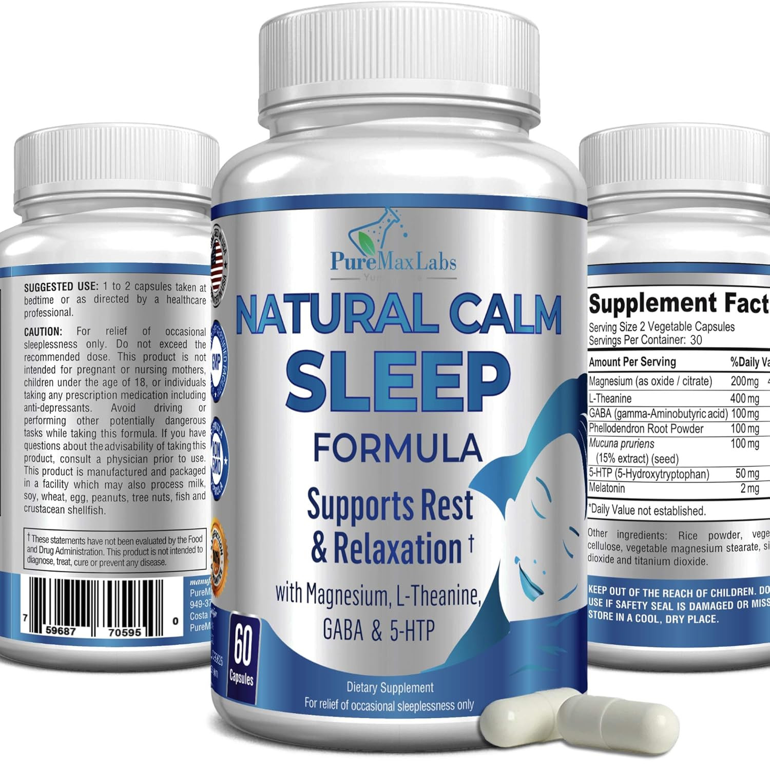 Natural Calm Sleep Aid with Magnesium, L-Theanine, Melatonin, GABA, 5-Htp | Slee