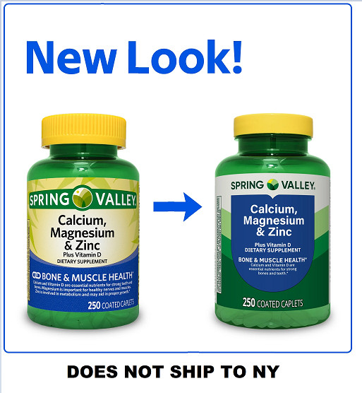 Spring Valley Calcium, Magnesium & Zinc Plus Vitamin D3 Coated Caplets, 250 Ct