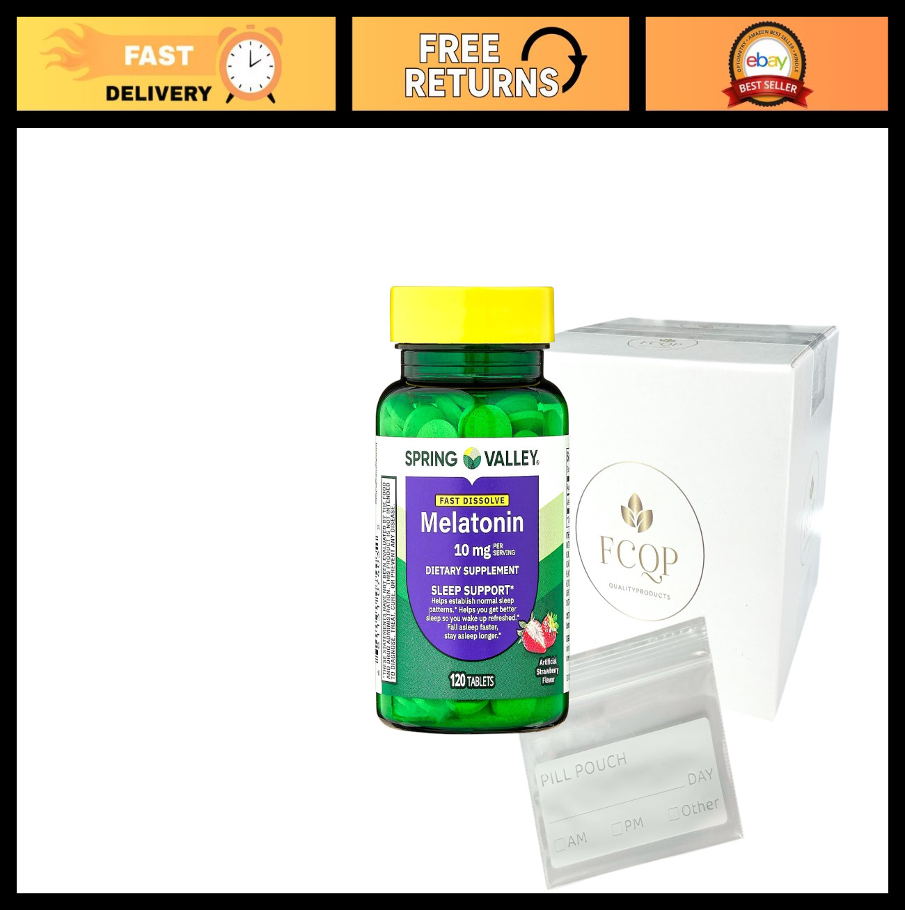 Melatonin Sleep Support 10mg, Strawberry Flavor, 120 Tablets + Pill Pouch & Stic