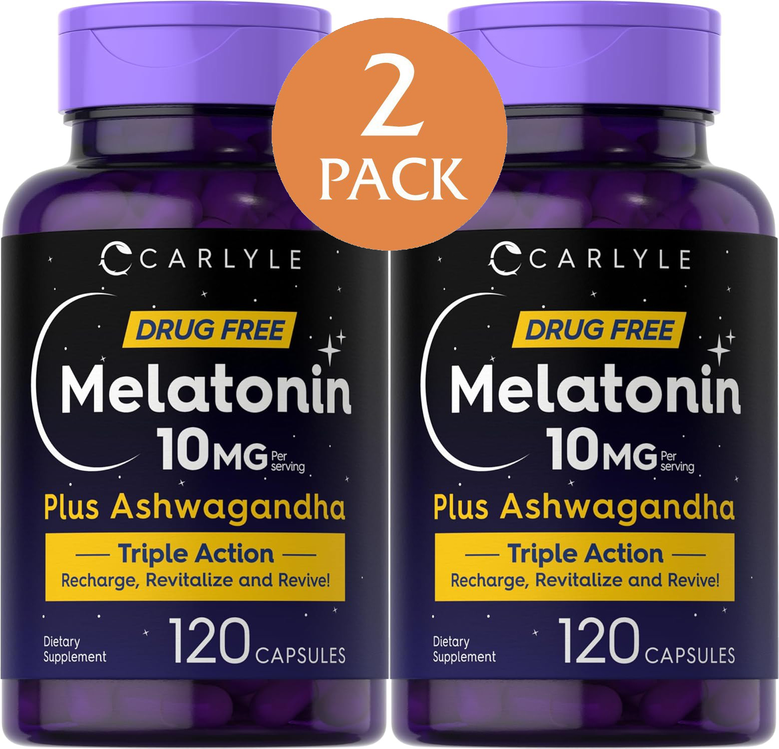 2-PACK Carlyle Melatonin 10mg | 120 Capsules | Adults | w/ Ashwagandha | Non-GMO
