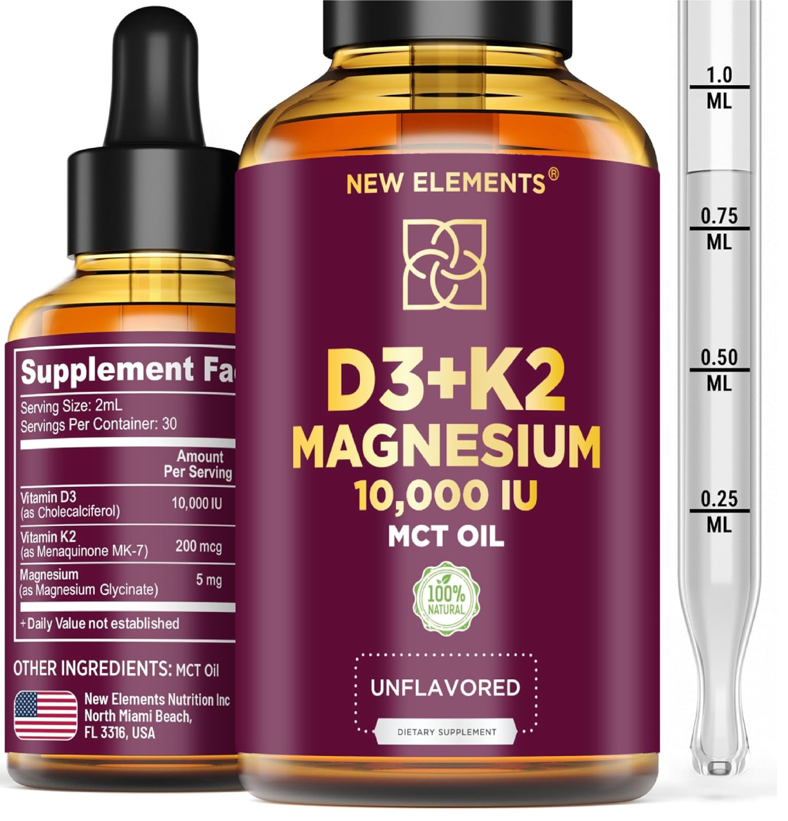 Liquid Vitamin D3 K2 10000IU with Magnesium Glycinate 5mg | VIT D3 K2 Drops f…