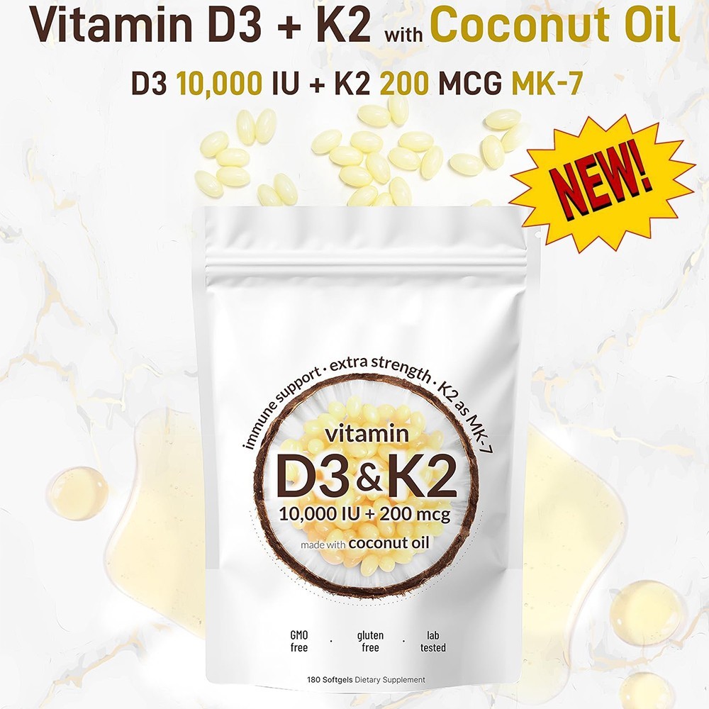 Vitamin D3 10000 iu Plus K2 (MK-7) 200 mcg, 300 Virgin Coconut Oil Softgels US
