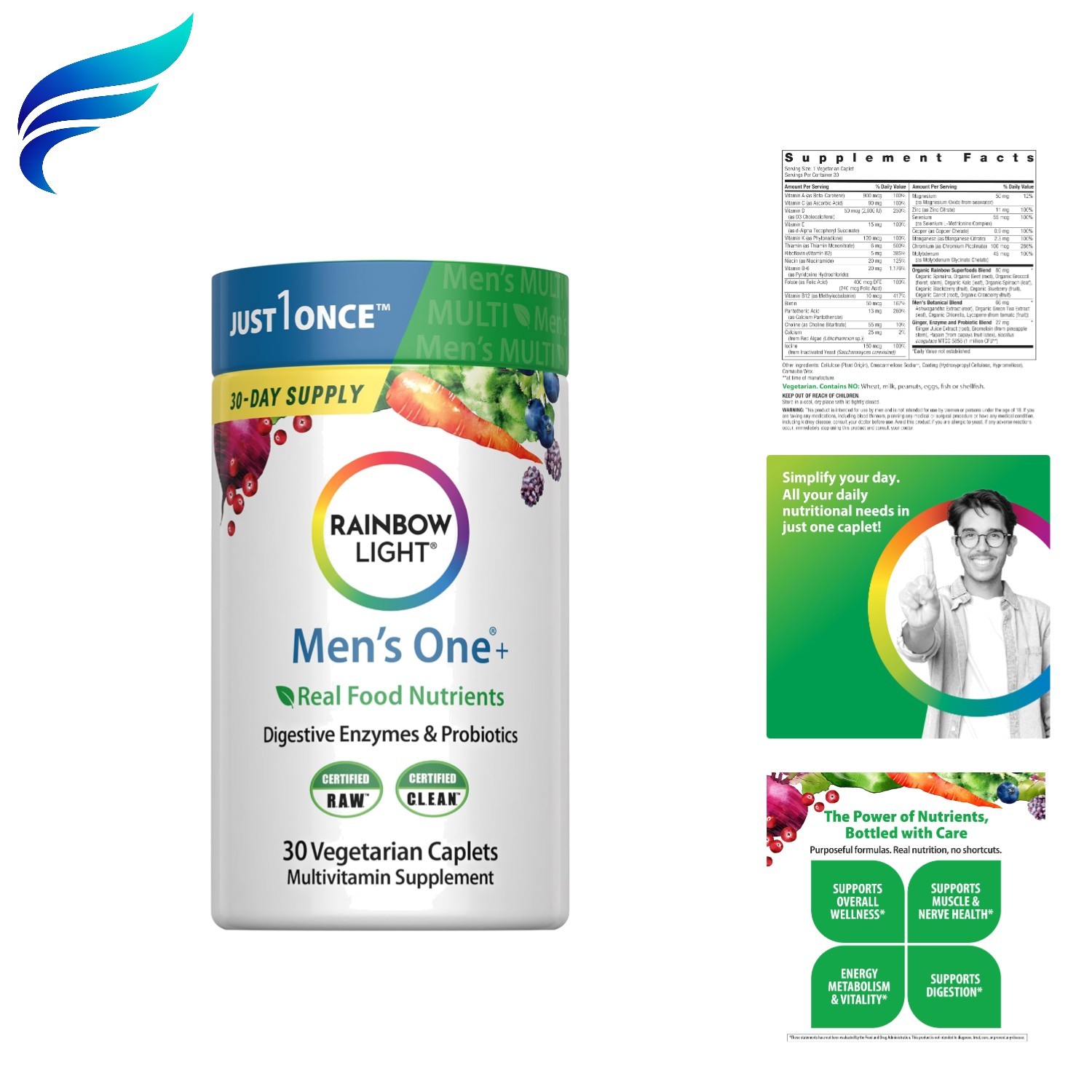 Mens Multivitamin One + | 30 Caplets | Real Food Nutrients, Digestive Enzymes…