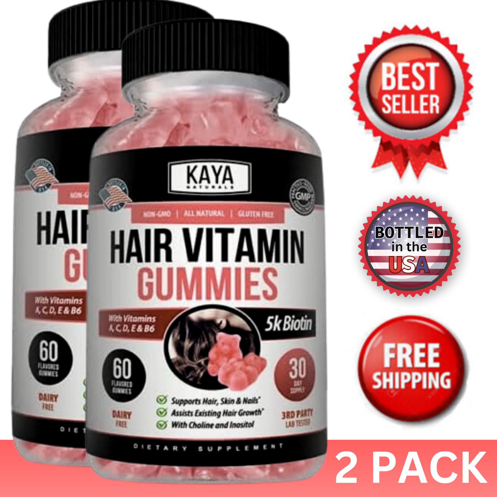 (2 Pack) Hair Skin Nails Gummies 60ct Grow Stronger Vitamin D Biotin Folic Acid