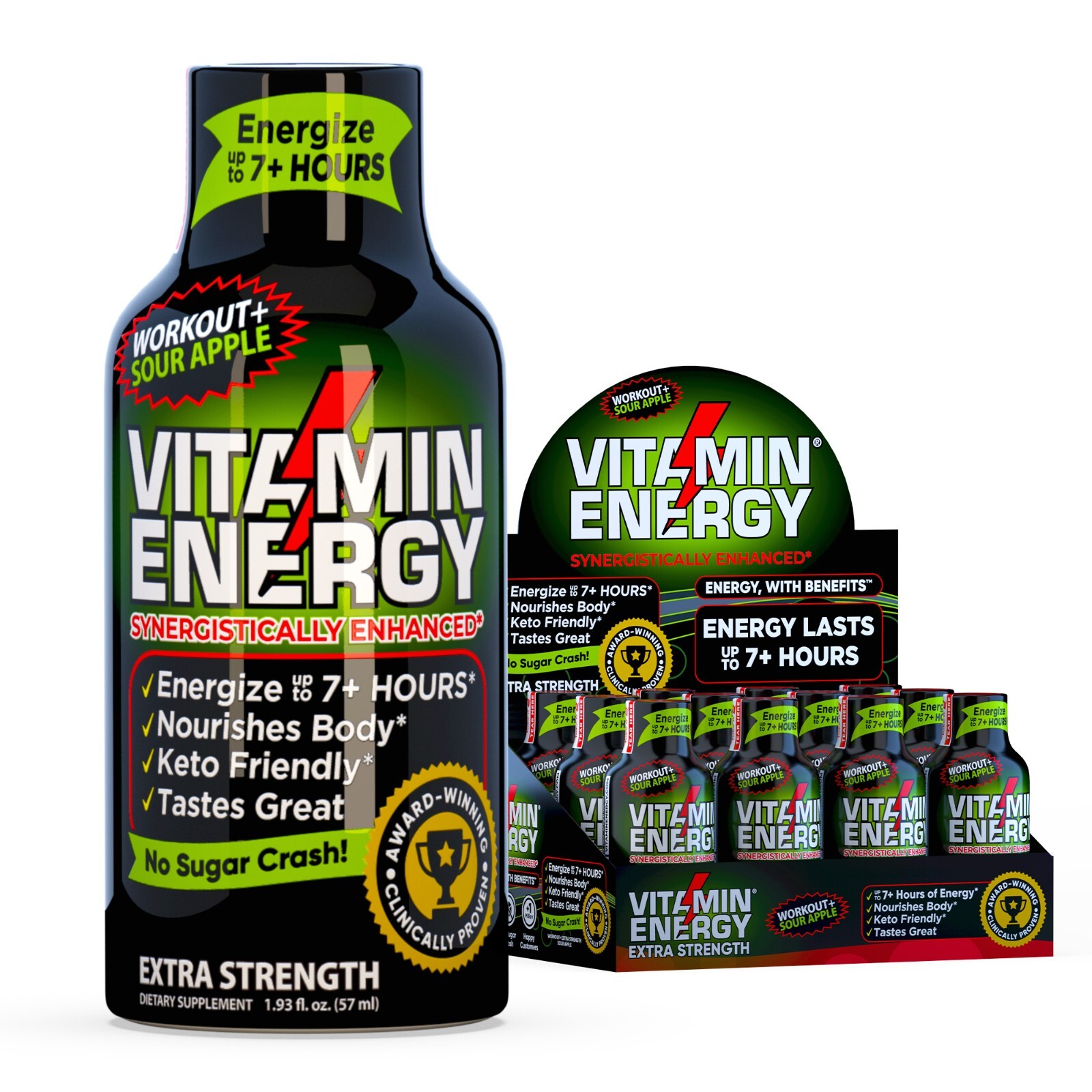 (12 Pack) Vitamin Energy® Workout+ Sour Apple Energy Shots, Clinically Proven