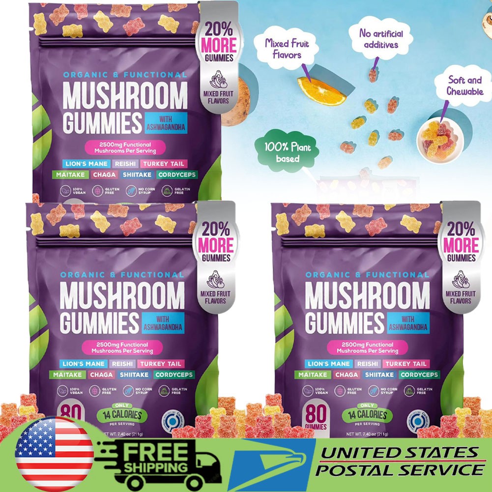 80~240 Pcs Functional Mushroom Gummies Supplement 2500mg with Ashwagandha