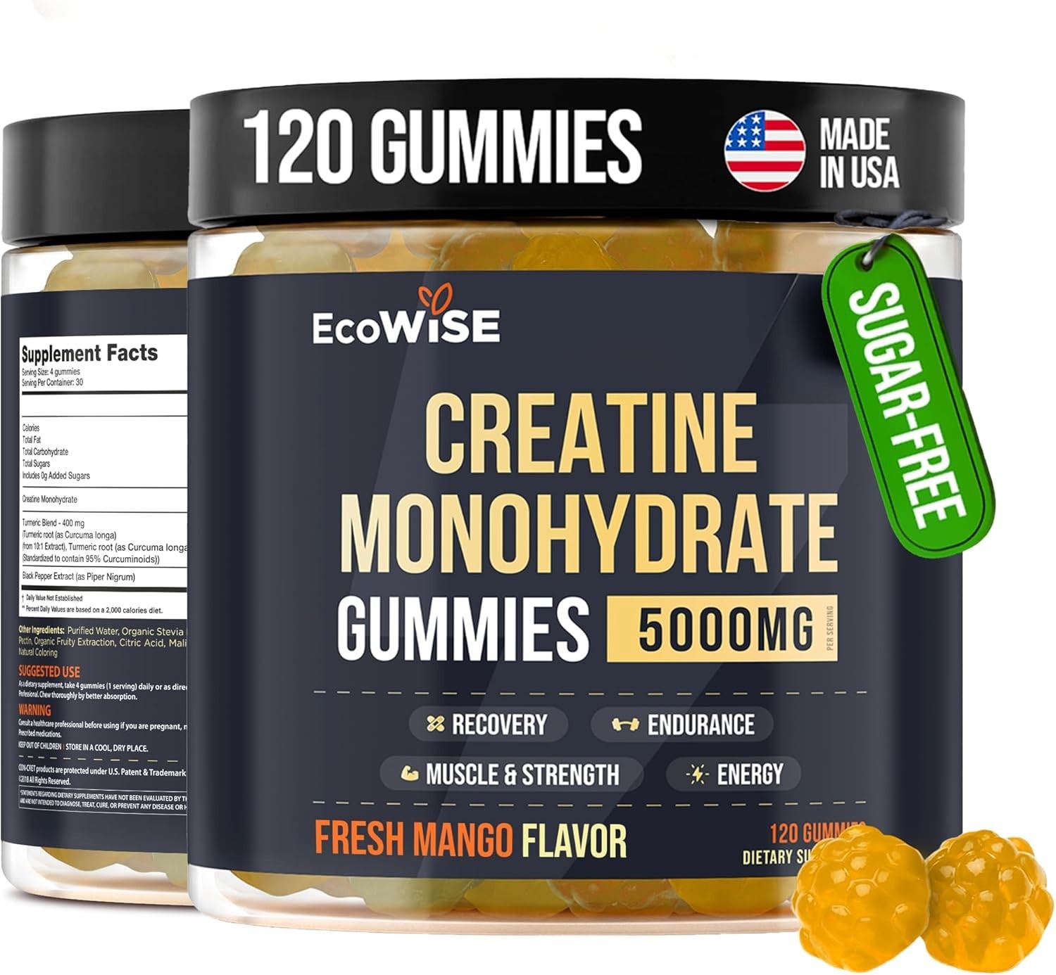 EcoWISE Creatine Monohydrate Gummies 5000mg – Sugar-Free,Mango Flavor, 120 Chews