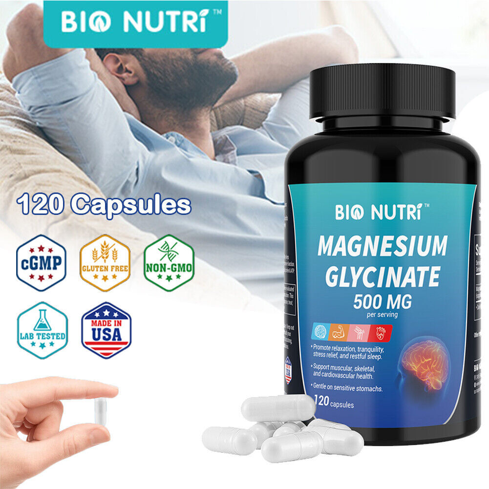 Magnesium Glycinate 500mg – 120 Capsules For Stress Relief Support Bone Sleep