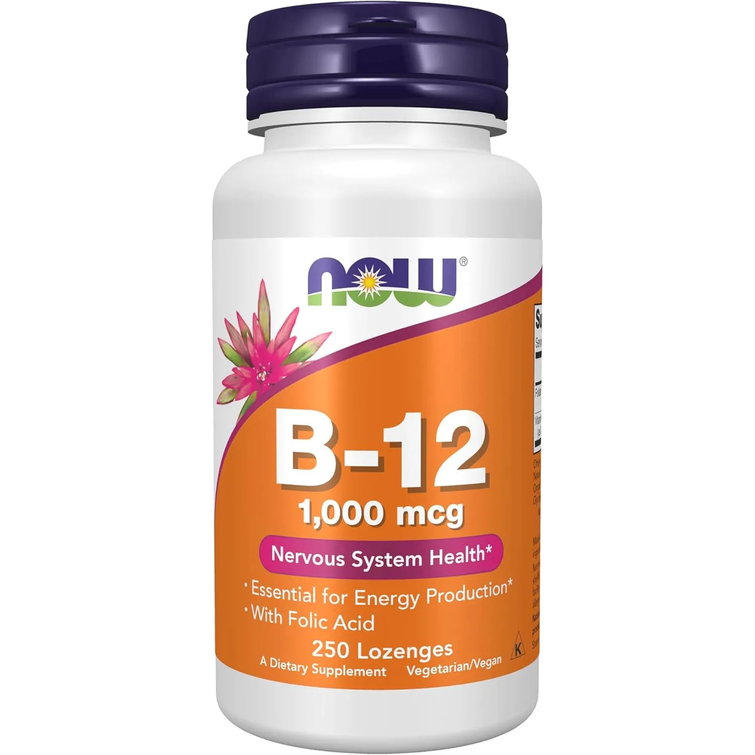 NOW Foods Vitamin B-12 1,000 mcg+Folic Acid,Nervous System Health,250Lozenges