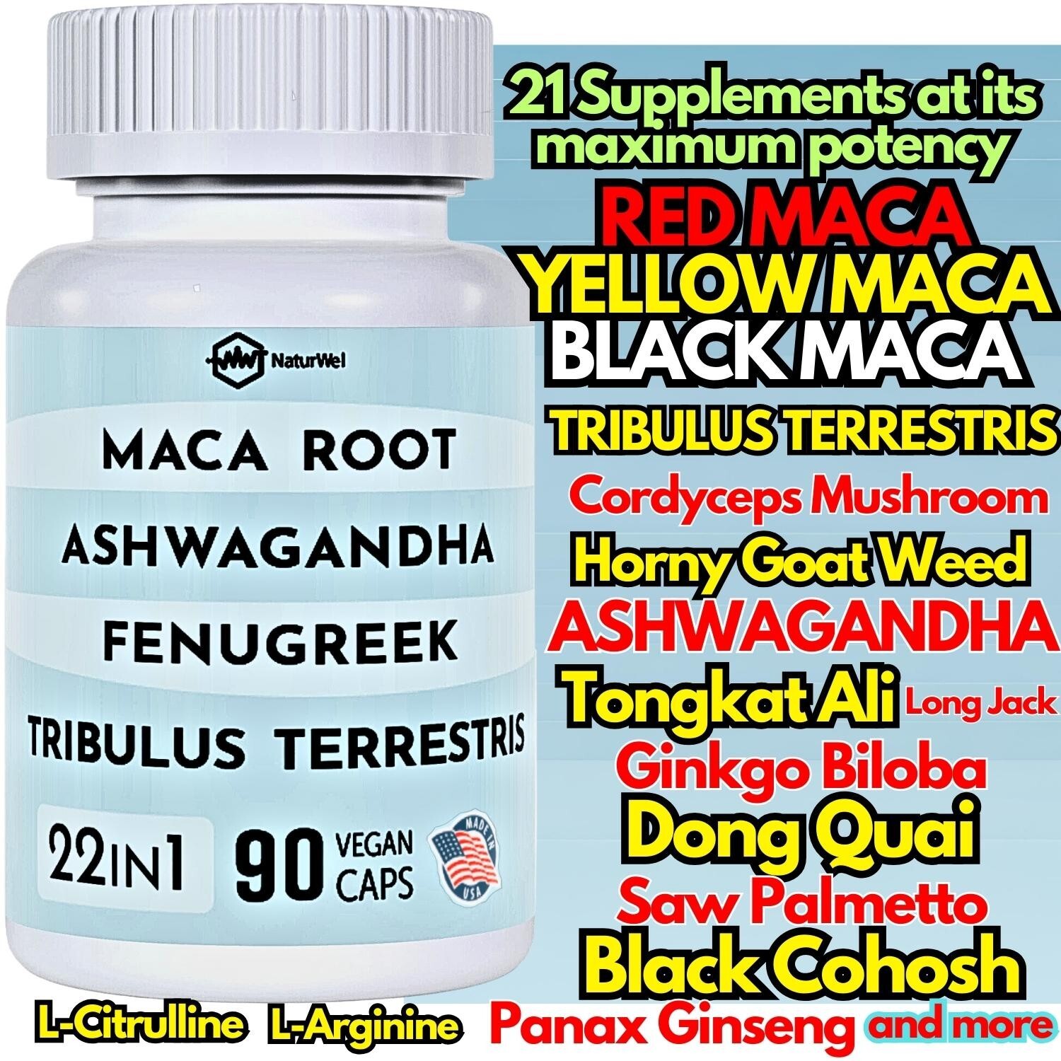 22 in 1 Max Potency Maca Root Blend Goat Weed Tongkat Ginkgo Tribulus 8520mg USA