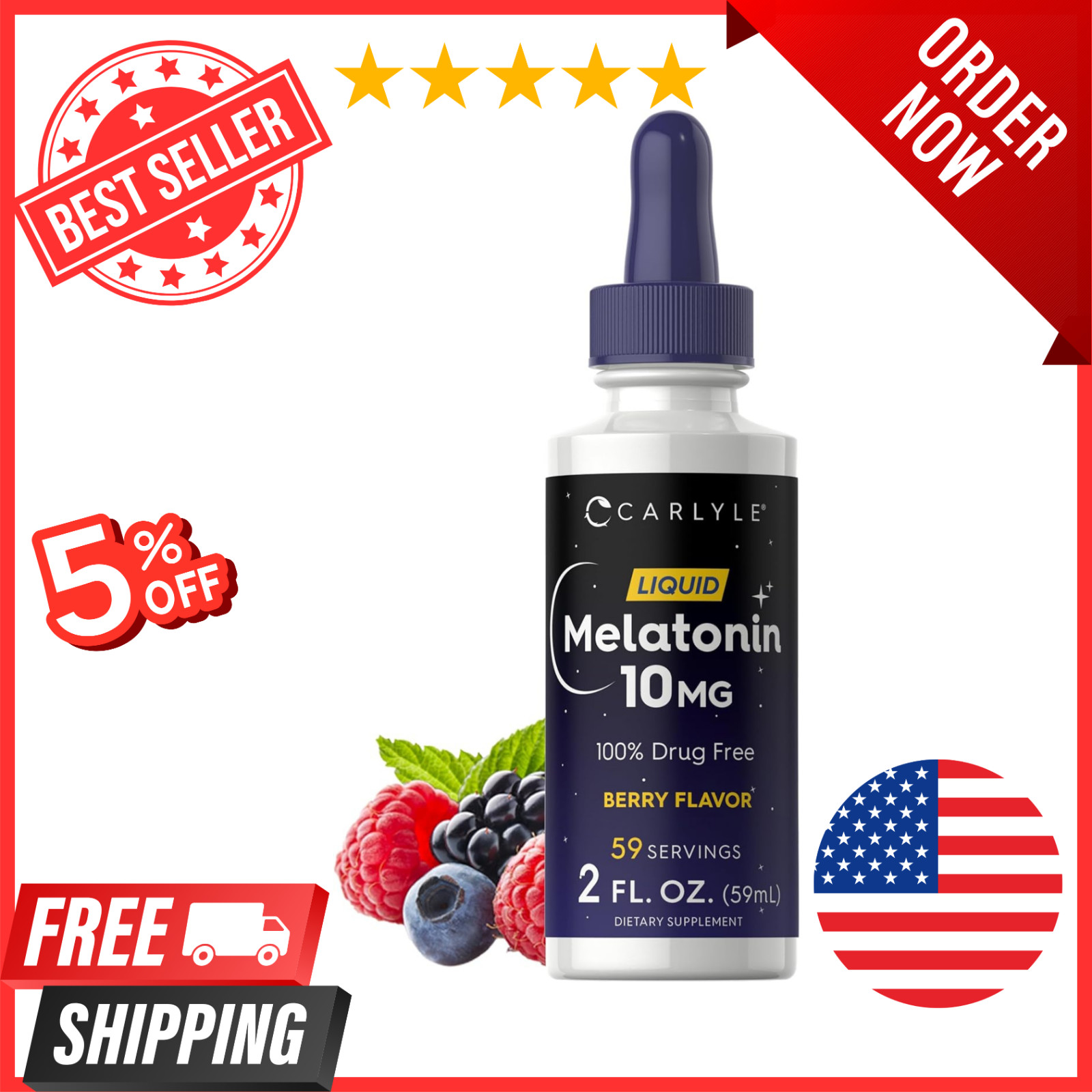 Melatonin 10mg | 2 fl oz Liquid Drops | Natural Berry Flavor | for Adults | Non