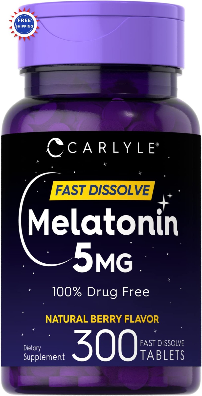 Melatonin 5 mg 300 Tablets Carlyle Fast Dissolve Berry Flavor Vegetarian Non-GMO