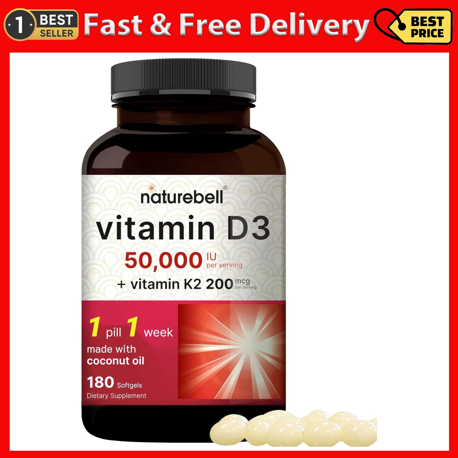 Vitamin D3 50,000 IU with K2 200 mcg, 180 Softgels Max Strength, Immune Supports