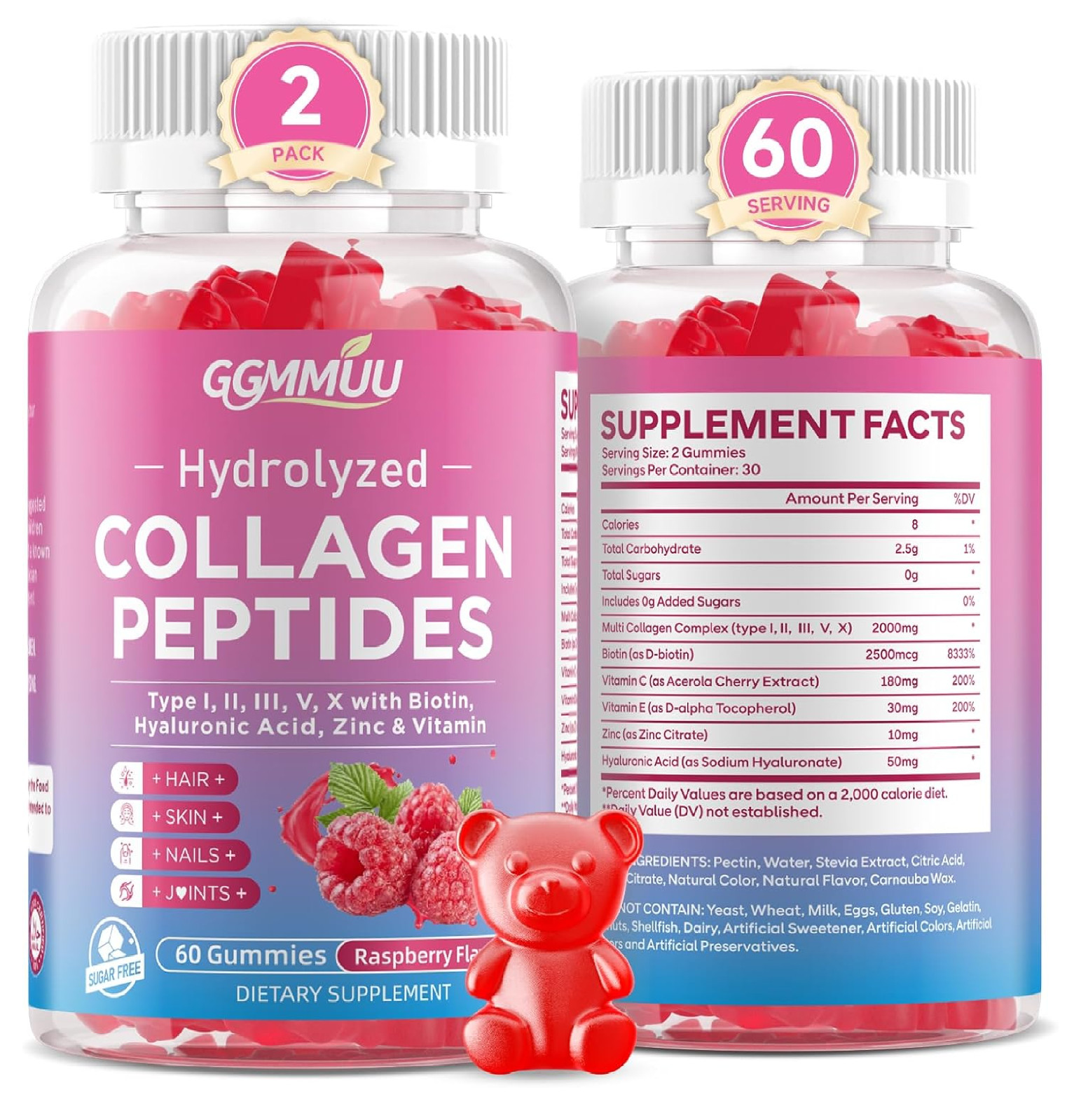 2 Pack Collagen Peptide Gummies for Women & Men, Collagen Protein Type I,II,III,