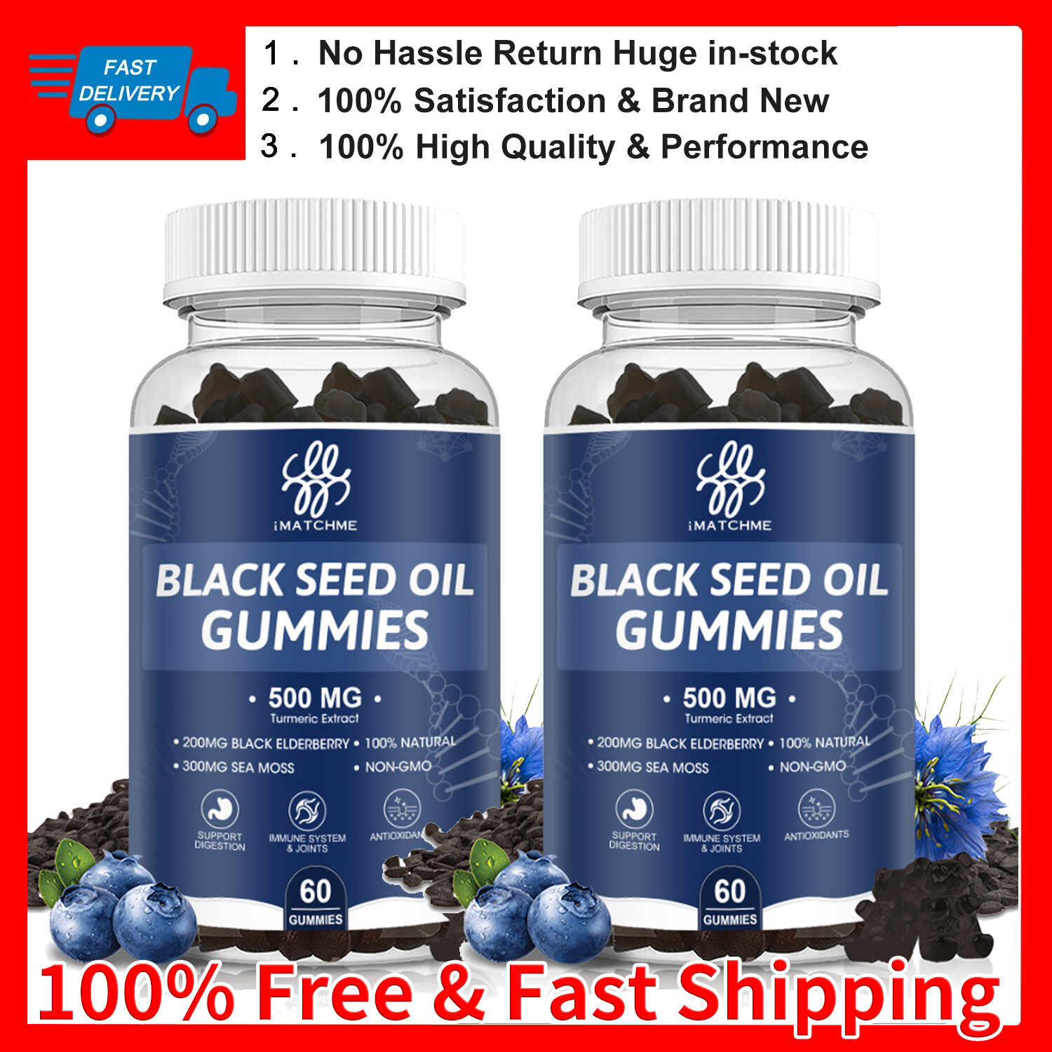 2Pack Black Seed Oil Gummies 500Mg with Black Elderberry & Sea Moss Ashwagandha