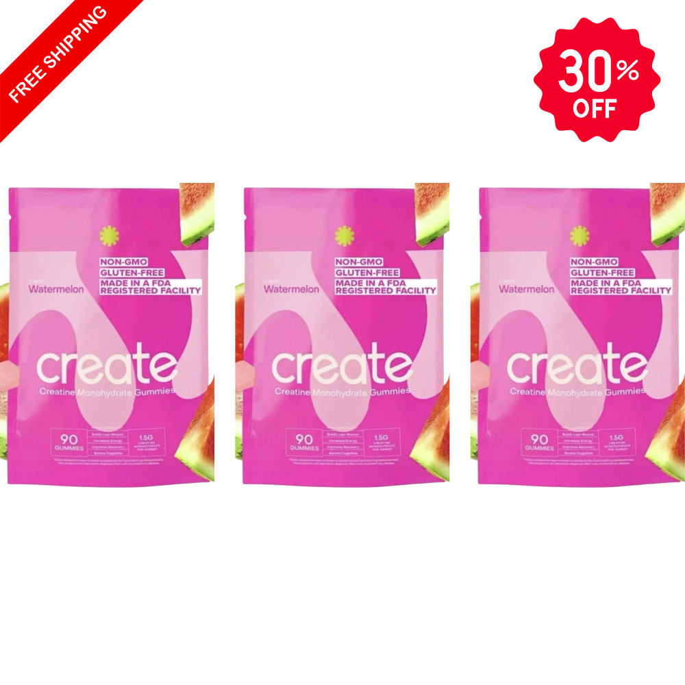 3x Create Creatine Monohydrate Gummies, 1.5g per Gummy Watermelon, 90ct, Non-GMO