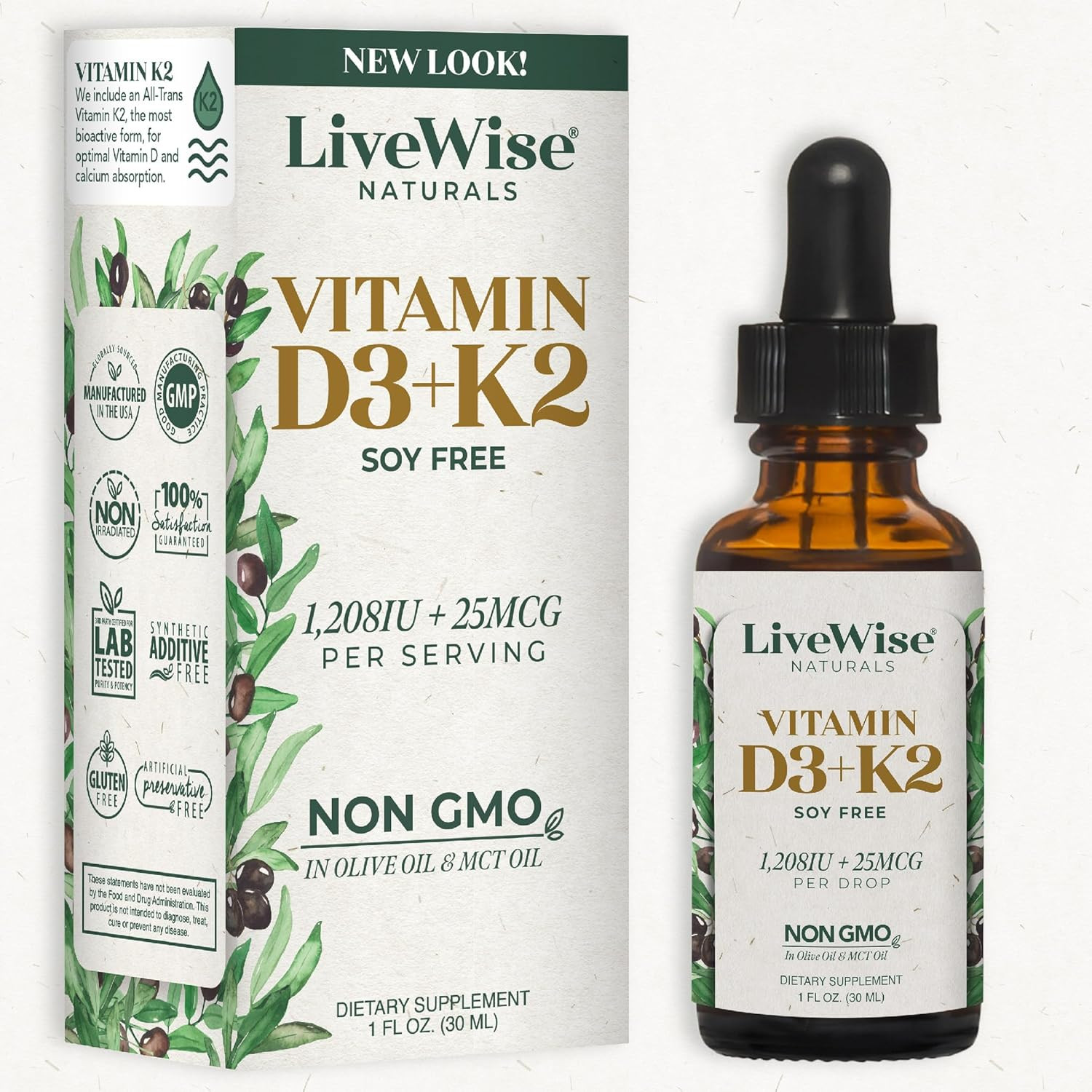Vitamin D3 with K2 Liquid Drops, All Natural, Non-Gmo, 1208Iu D3 and 25Mcg K2 (M