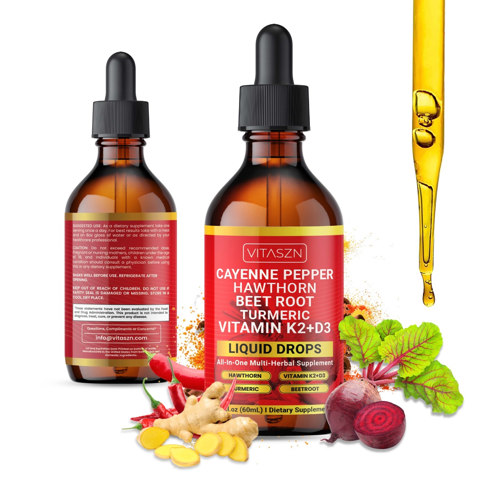 Cayenne Pepper Liquid Supplement with Hawthorn Berry, Vitamin D3 + K2, Beet Root
