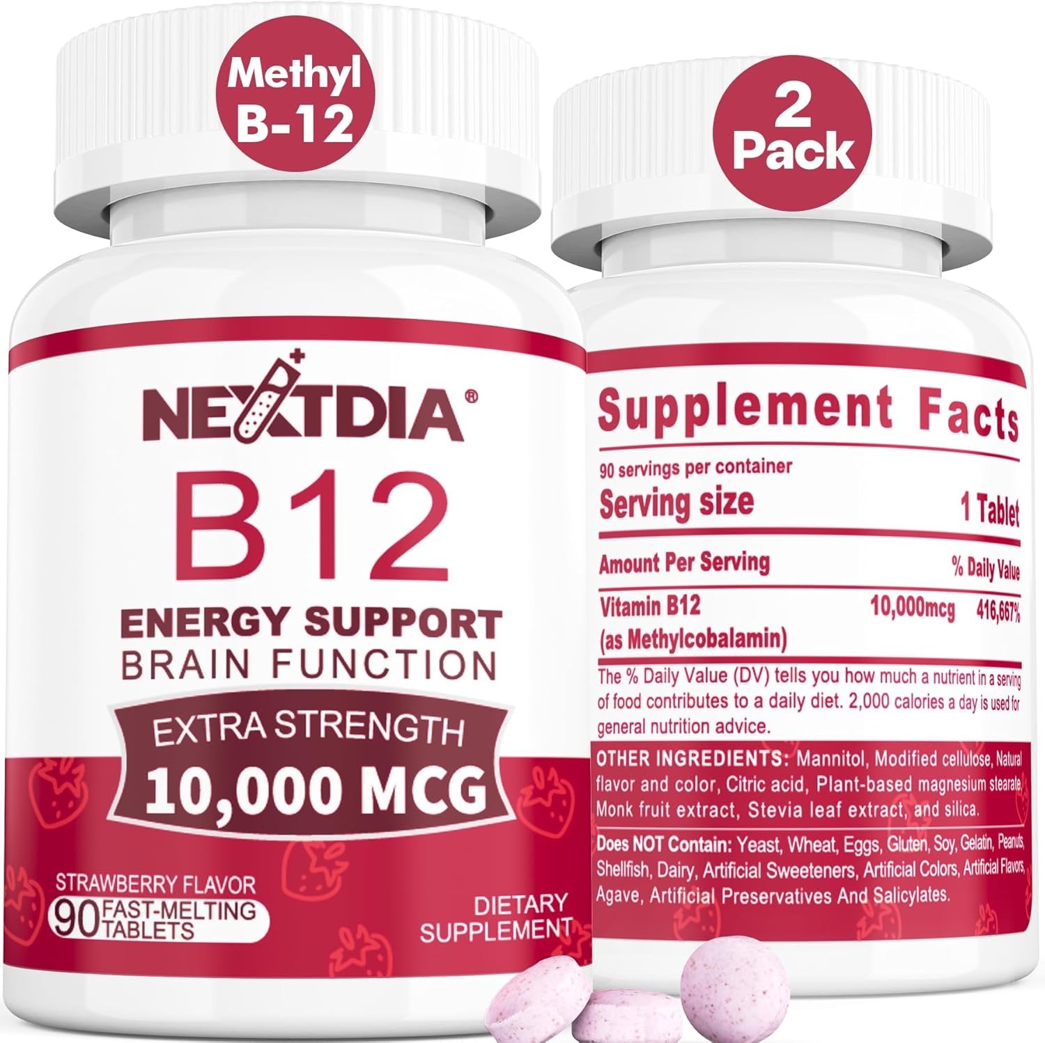 B12 Vitamins 10,000 mcg, Methylated Vitamin 90 Count (Pack of 2)