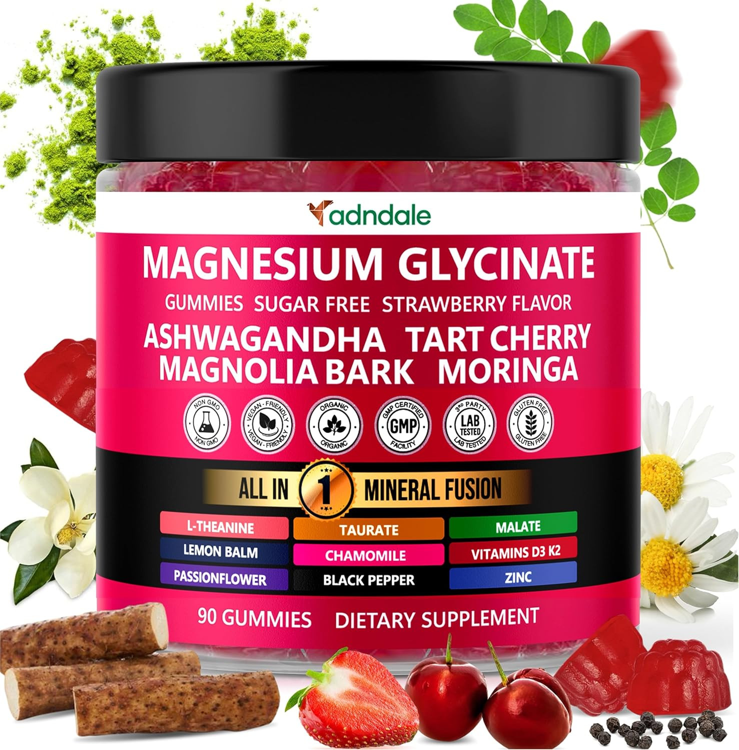 Adndale 90Ct 15-In-1 Magnesium Glycinate Gummies 400 Mg/Serv- with Magnesium Mal