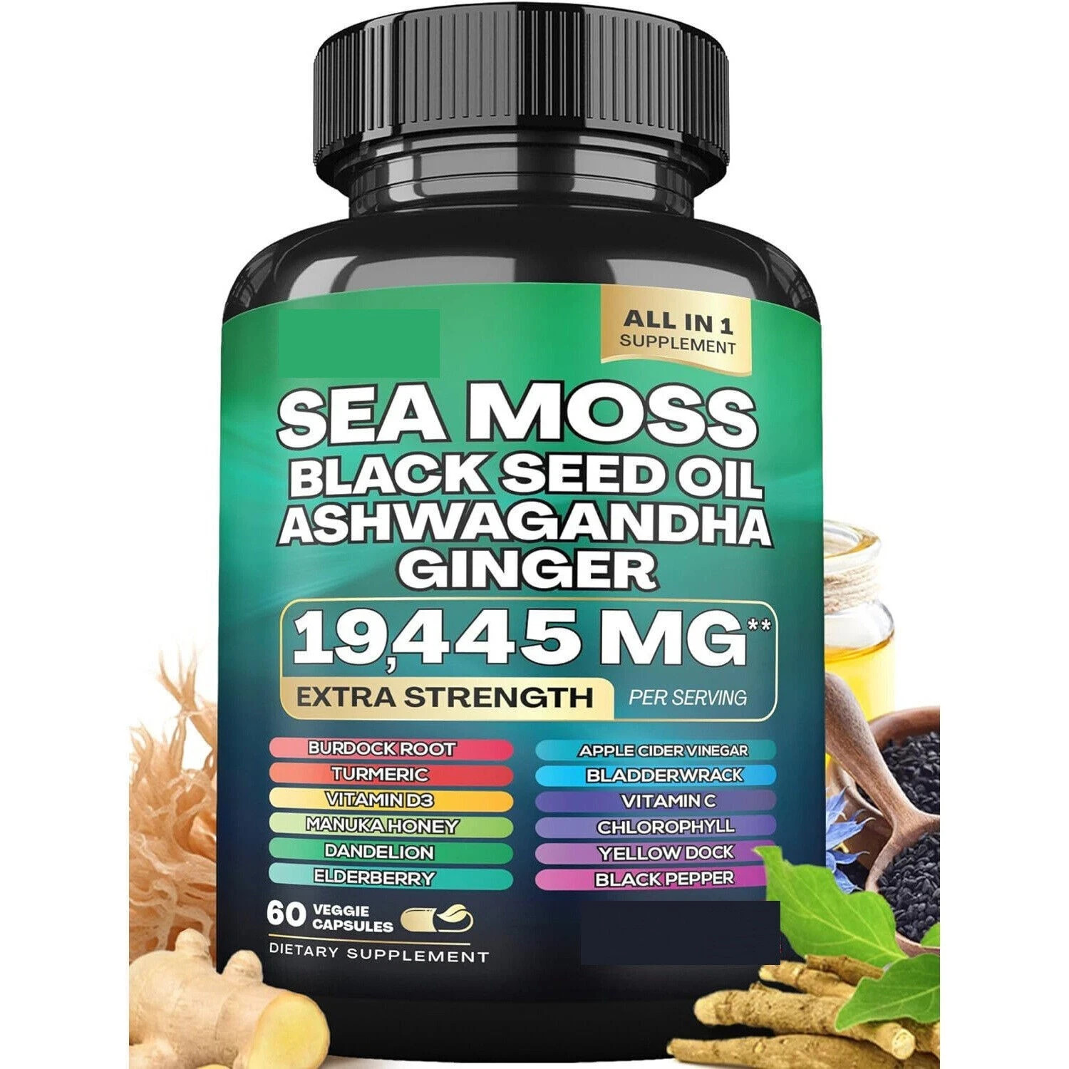 Sea Moss, Black Seed Oil, Ashwagandha, Turmeric, Ginger (16 in 1 Multivitamin)