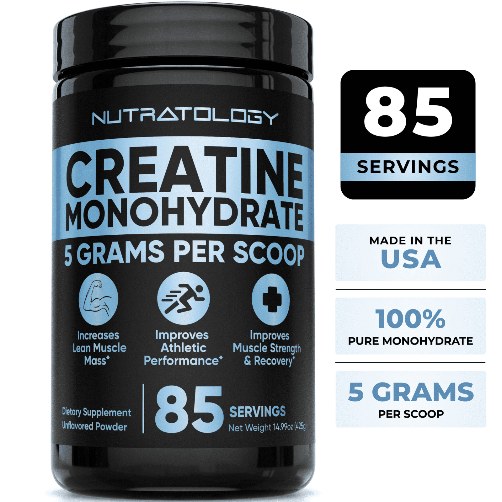 Nutratology Creatine Monohydrate – Boosts Muscle Mass Strength Recovery 85 Servi