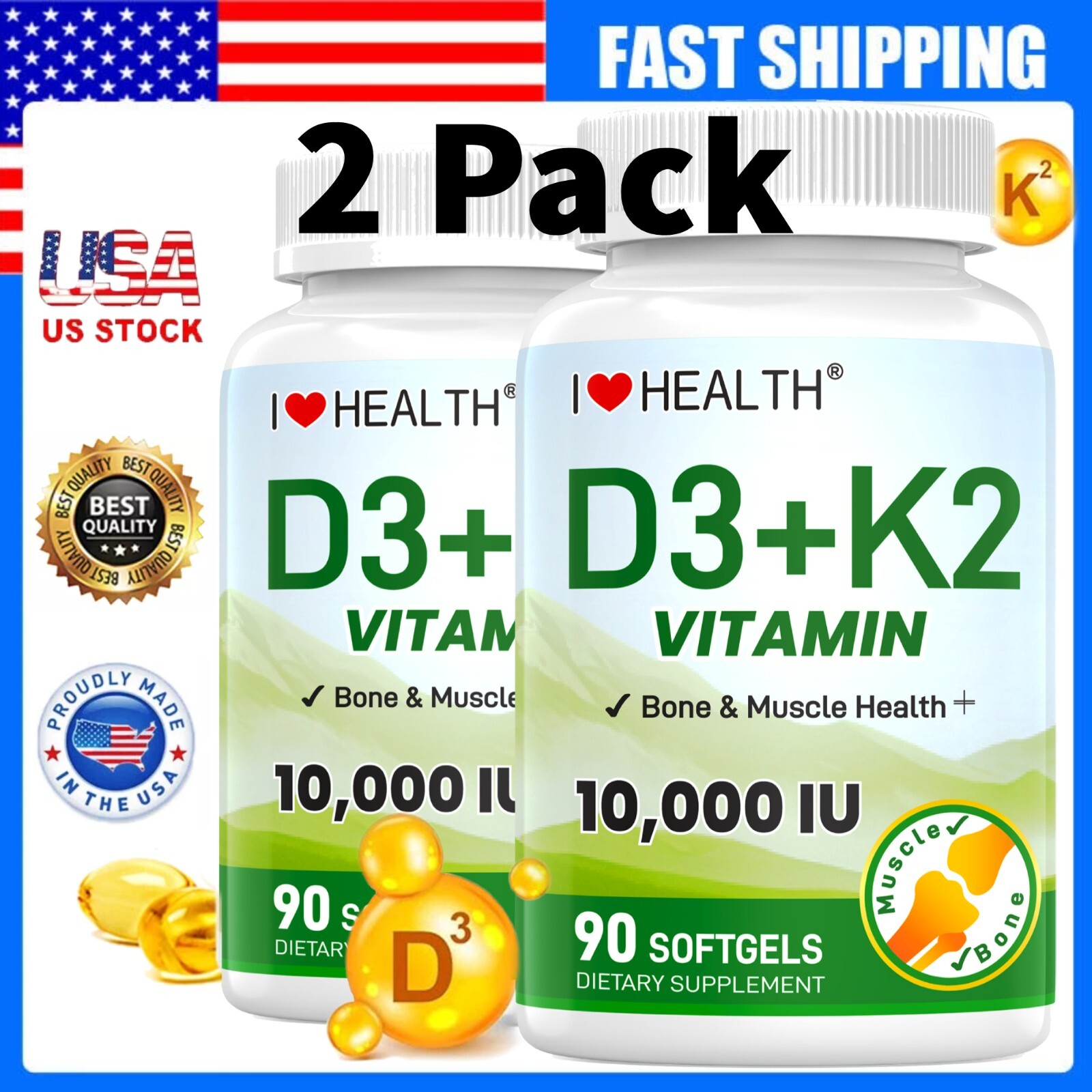 180 Softgels Vitamin D3 K2 (MK7) Supplement 10000 IU,2-in-1 Formula Vitamin D
