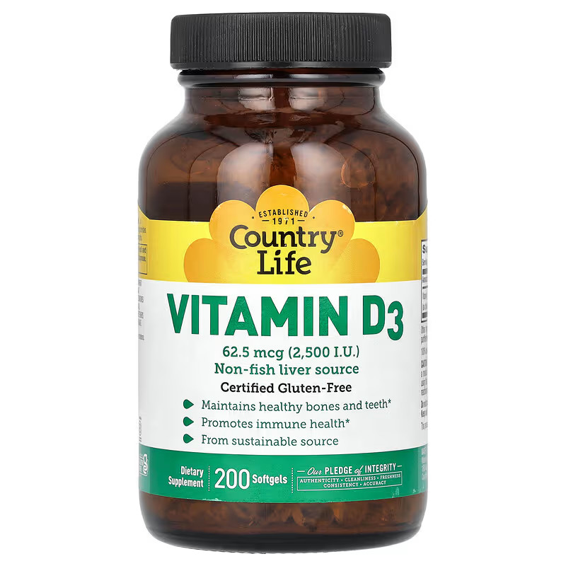 Country Life Vitamin D3 62.5 mcg 2500 I.U. 200 Softgels Gluten-Free BB 02/28