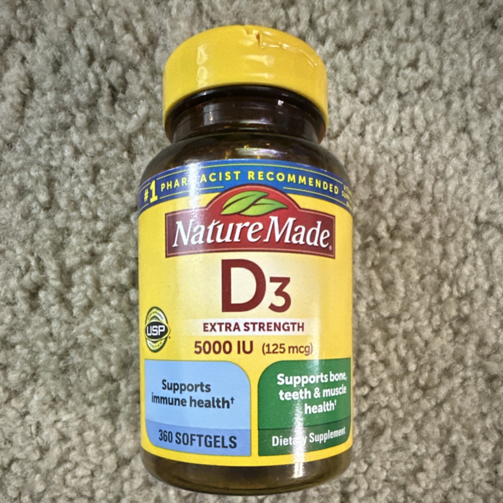Nature Made Vitamin D3 Extra Strength 125mcg 5000IU 360ct Softgels Gluten-Free