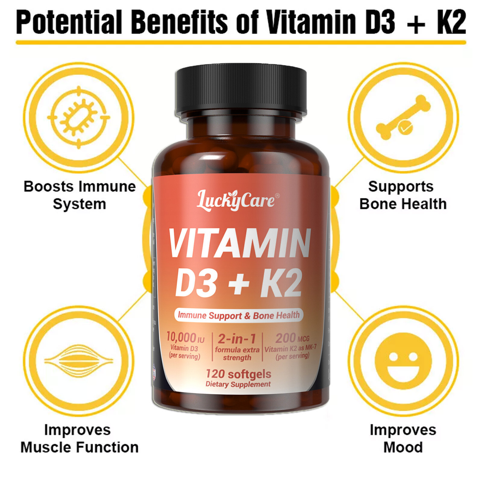Vitamin D3 K2 Supplement Softgels with D3 & K2 Vitamin 10,000 IU w/120 Softgels
