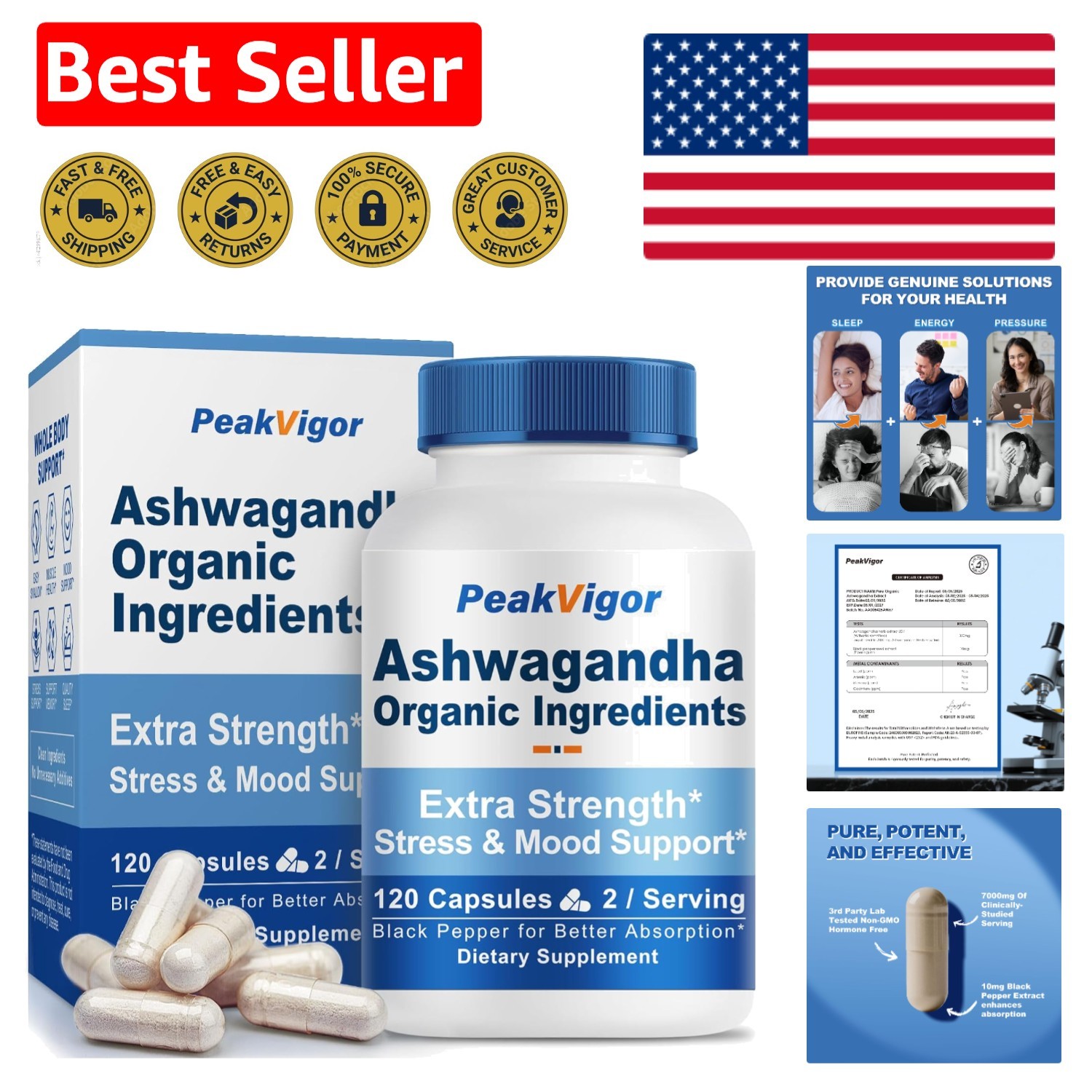 120 Count Ashwagandha Capsules with 10mg Black Pepper – Stress and Immune Care
